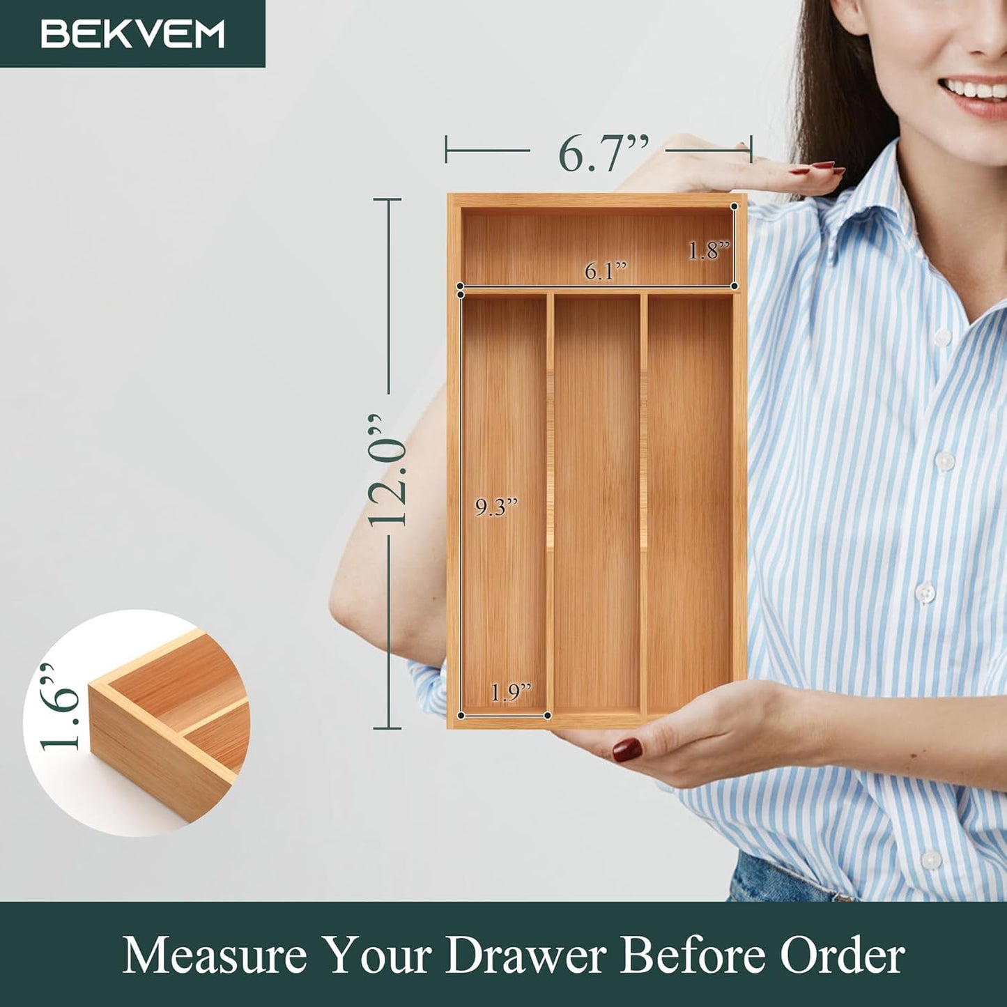 Small Silverware Organizer, Bamboo Kitchen Drawer Organizer, Utensil Holder