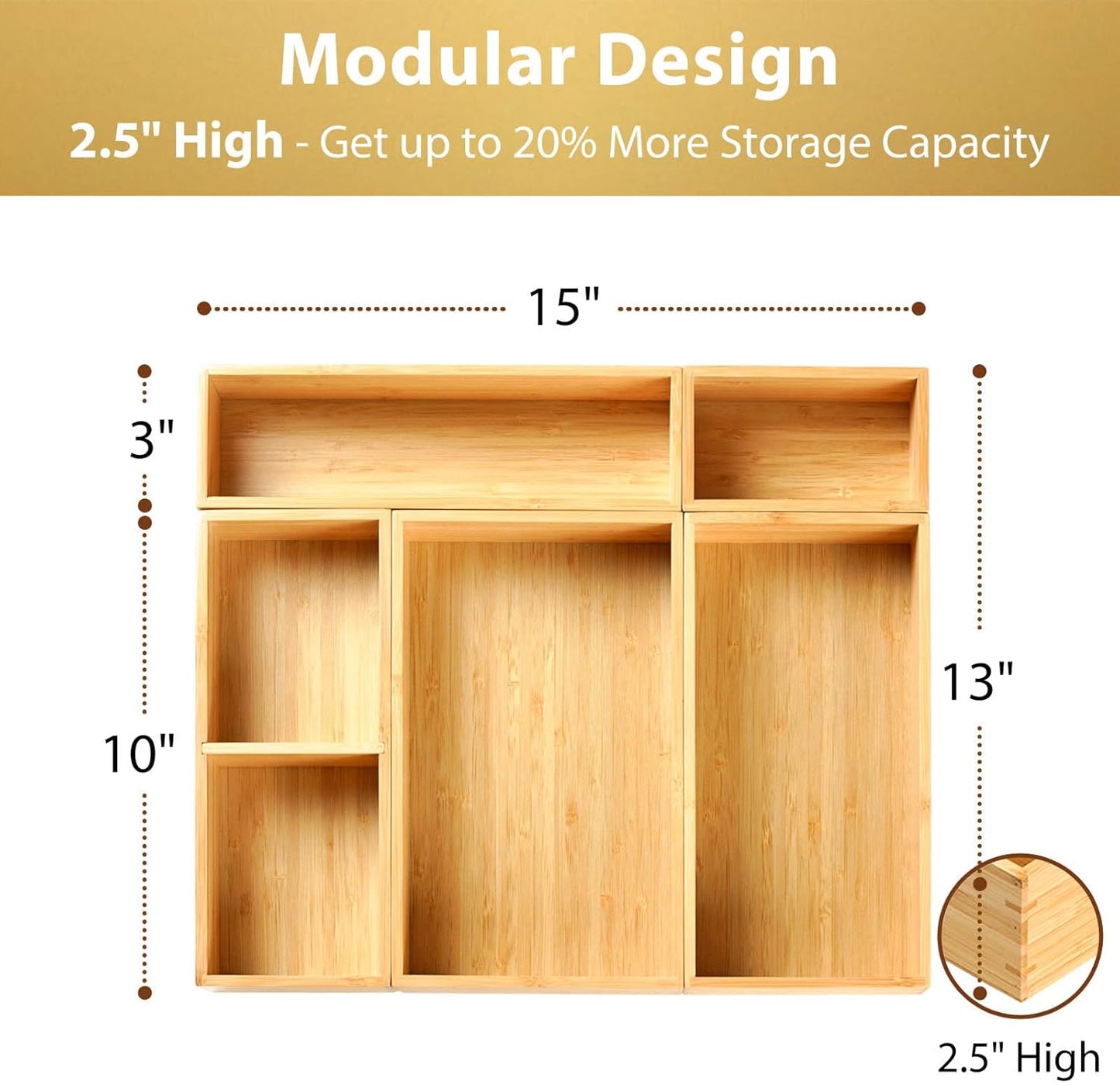 Drawer Organizer Storage Boxes, 2.5" High Bamboo Drawer Dividers, 5 Rearrangeable Bins for Kitchen