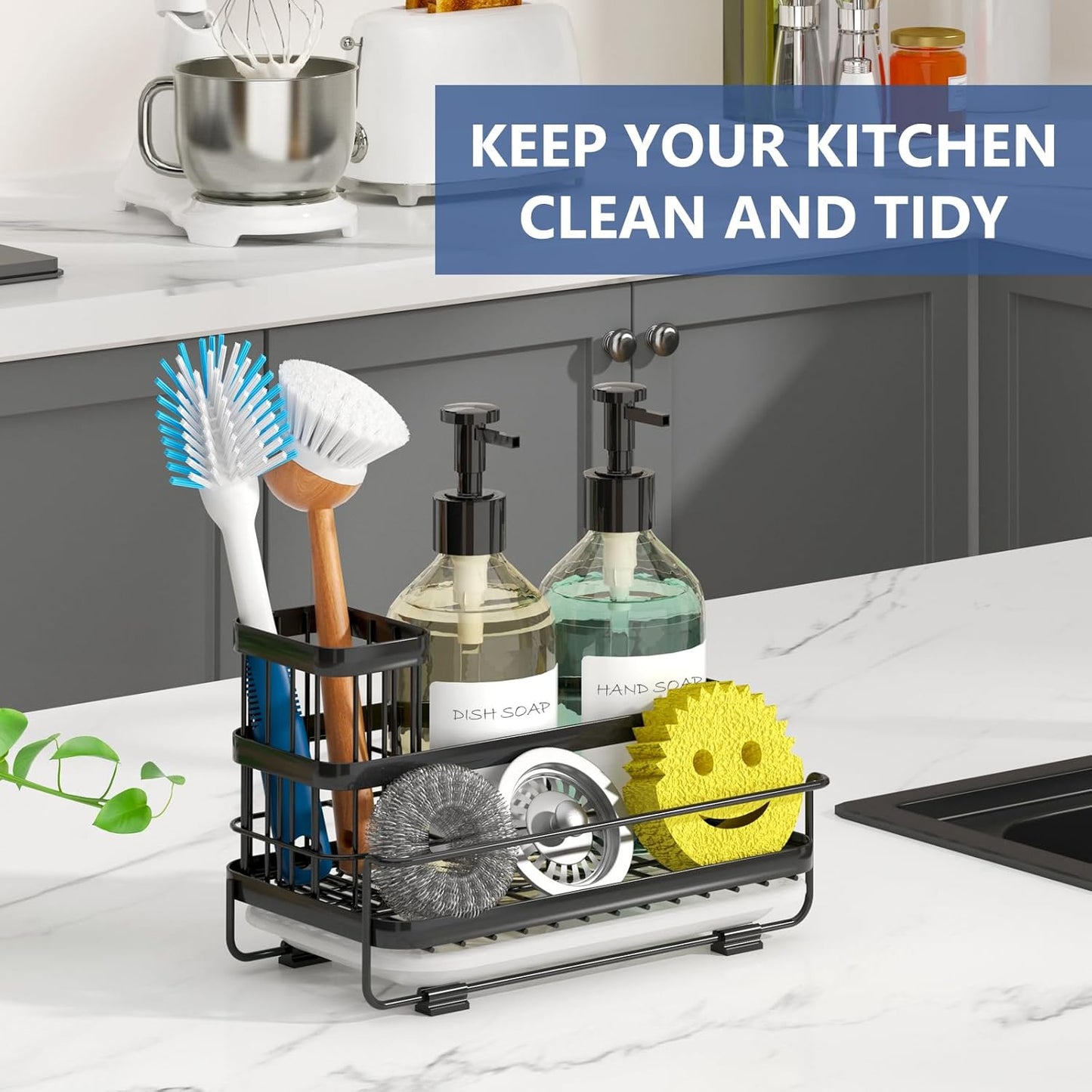 Trendy Sink Caddy Kitchen Organizer, Non-Slip Dish Soap Dispenser Rack with Drain Tray