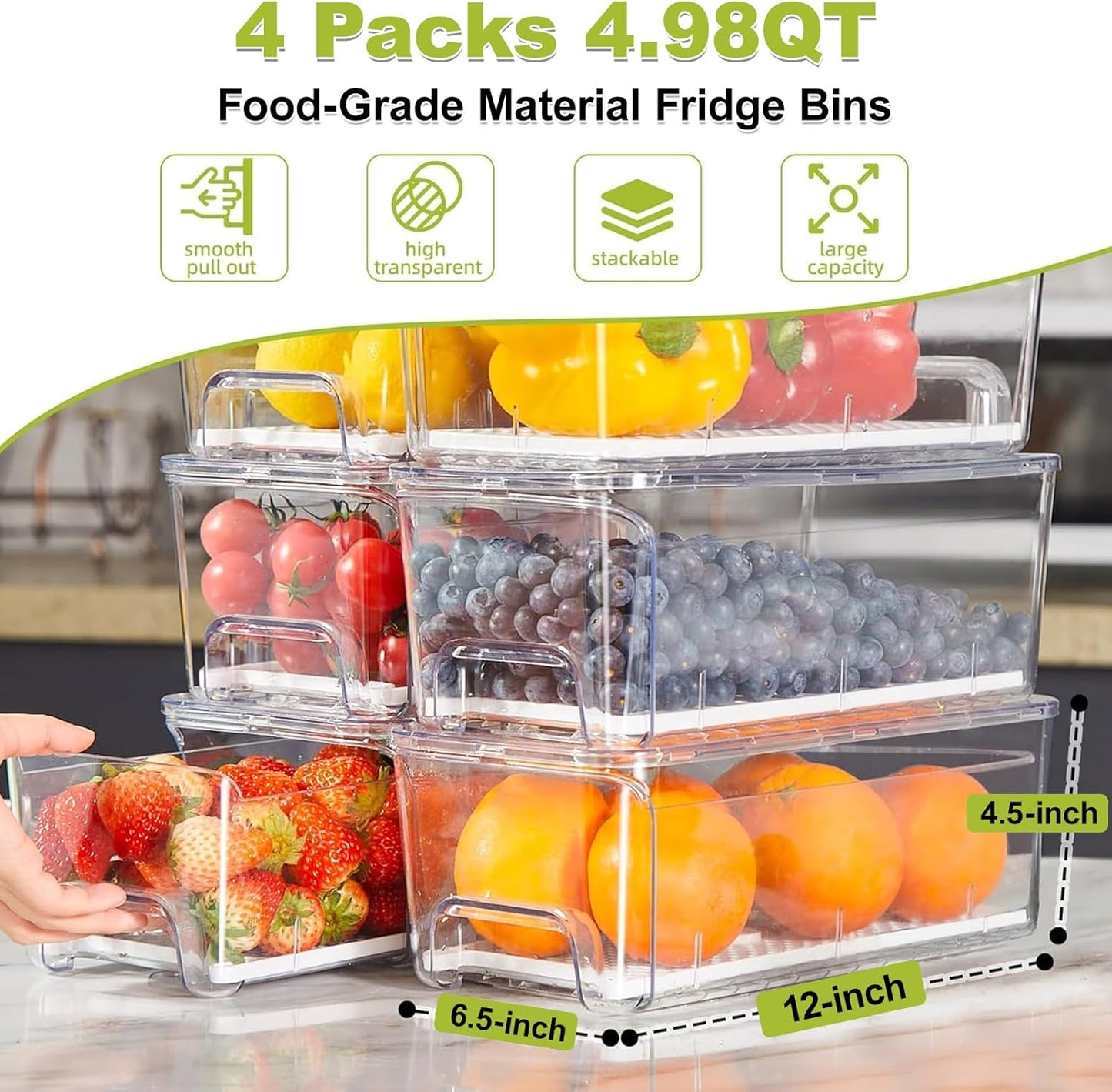 4-Pack Refrigerator Drawer Organizer Bins
