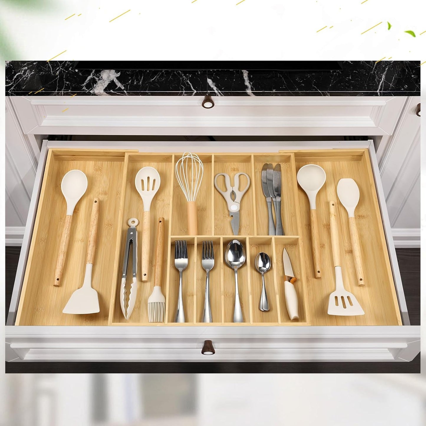 Silverware Organizer for Cabinet Drawer, Expandable from 16.7'' to 30'' Wide Bamboo Wood Flatware Tray for Large Kitchen Drawers, Cutlery Utensil Holder