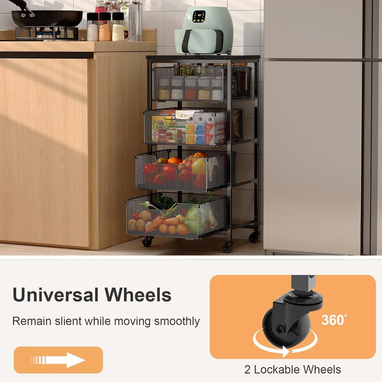 4-Tier Fruit Vegetable Storage Cart - Kitchen Organizer and Storage Cart with Wheels