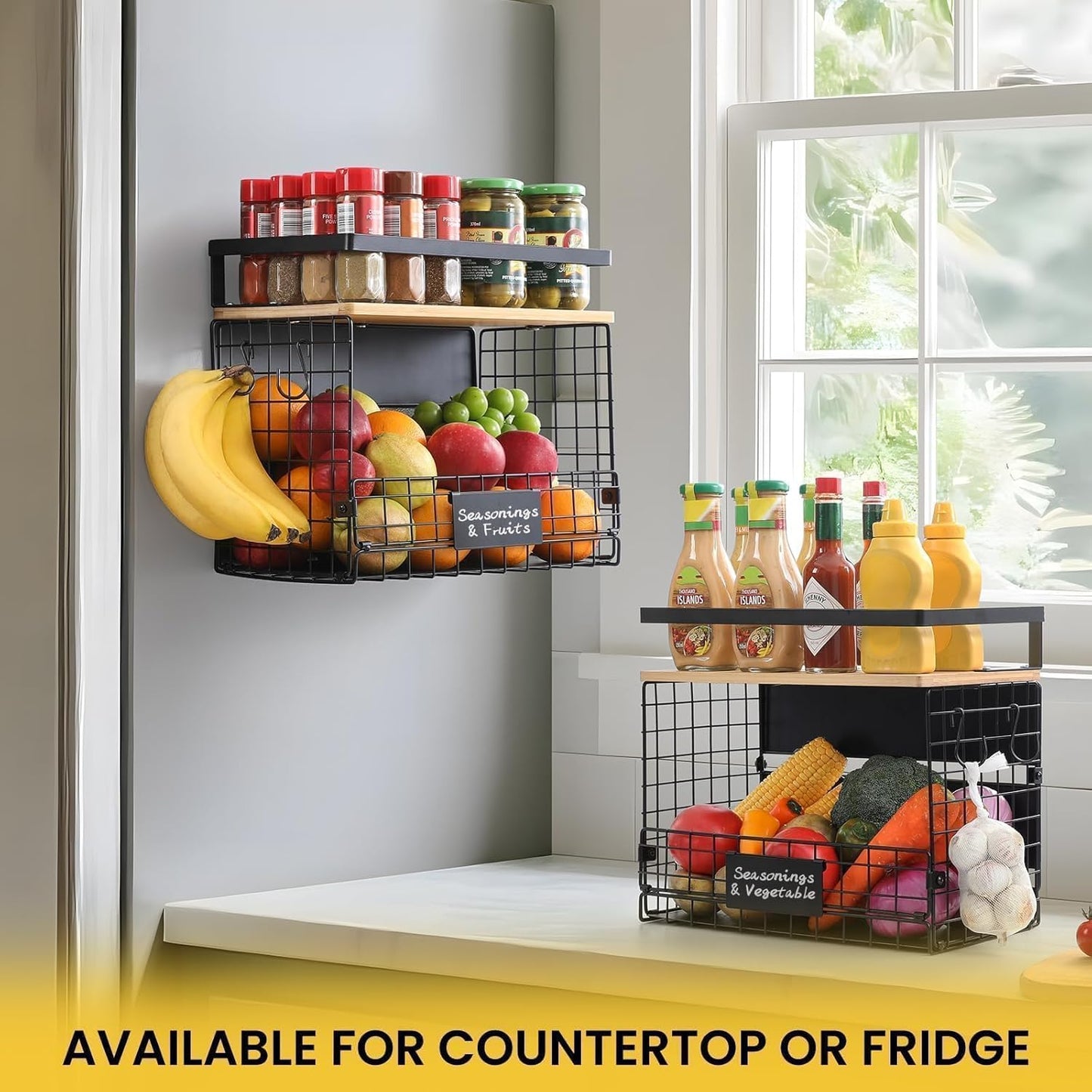[WIDER SHELF] 1 SET Strong Magnetic Shelf Basket for Fridge with Tag & Bamboo Top