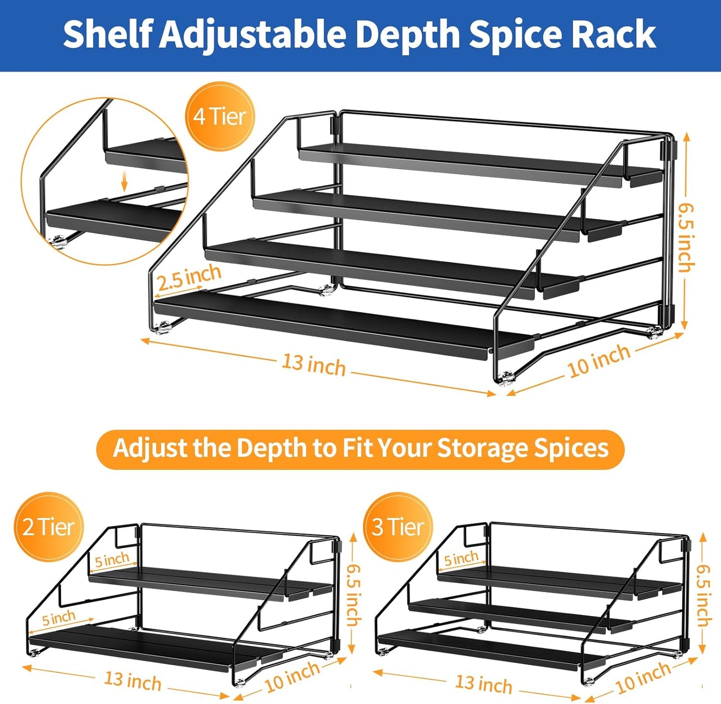 4 Tier Spice Rack for Cabinet, Spice Rack Organizer, Depth Adjustable Spice Holder for Countertop