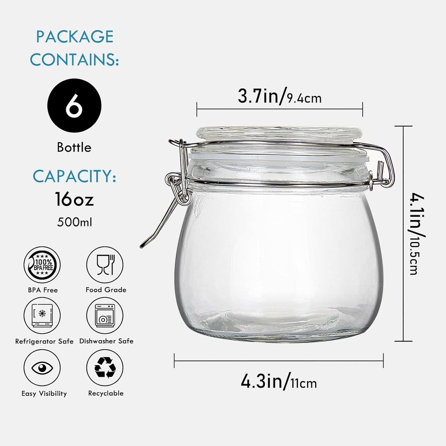 16oz Food Storage Canister Glass Jars with Clamp Airtight Lids and Silicone Gaskets for Multi-Purpose Kitchen Containers - Clear Round (6 Pack)