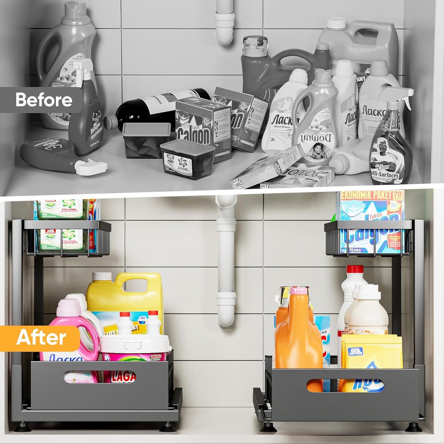 Under Sink Organizer Storage 2-Tier Premium Metal Pull-Out Kitchen Cabinet Organizer with Sliding Drawer, Height Adjustable, Heavy Duty for Kitchen & Bathroom Organizers 2 Pack Black