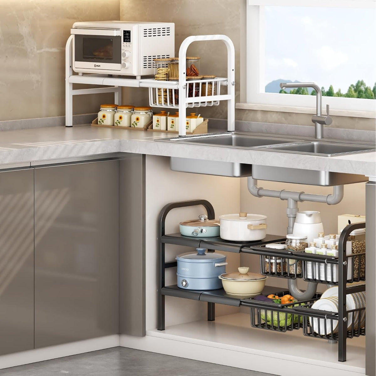 Under Sink Organizer，2 Tier Expandable Heavy Duty Metal Shel