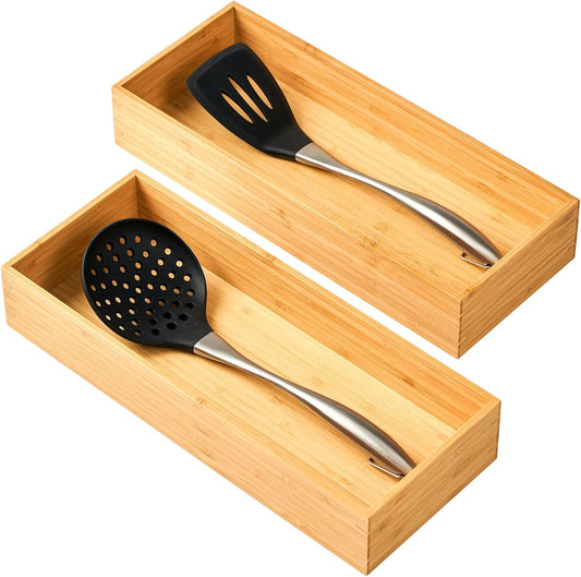 Bamboo Kitchen Utensils Organizer, Extra High Silverware Drawer Tray, Flatware Cutlery Storage Box