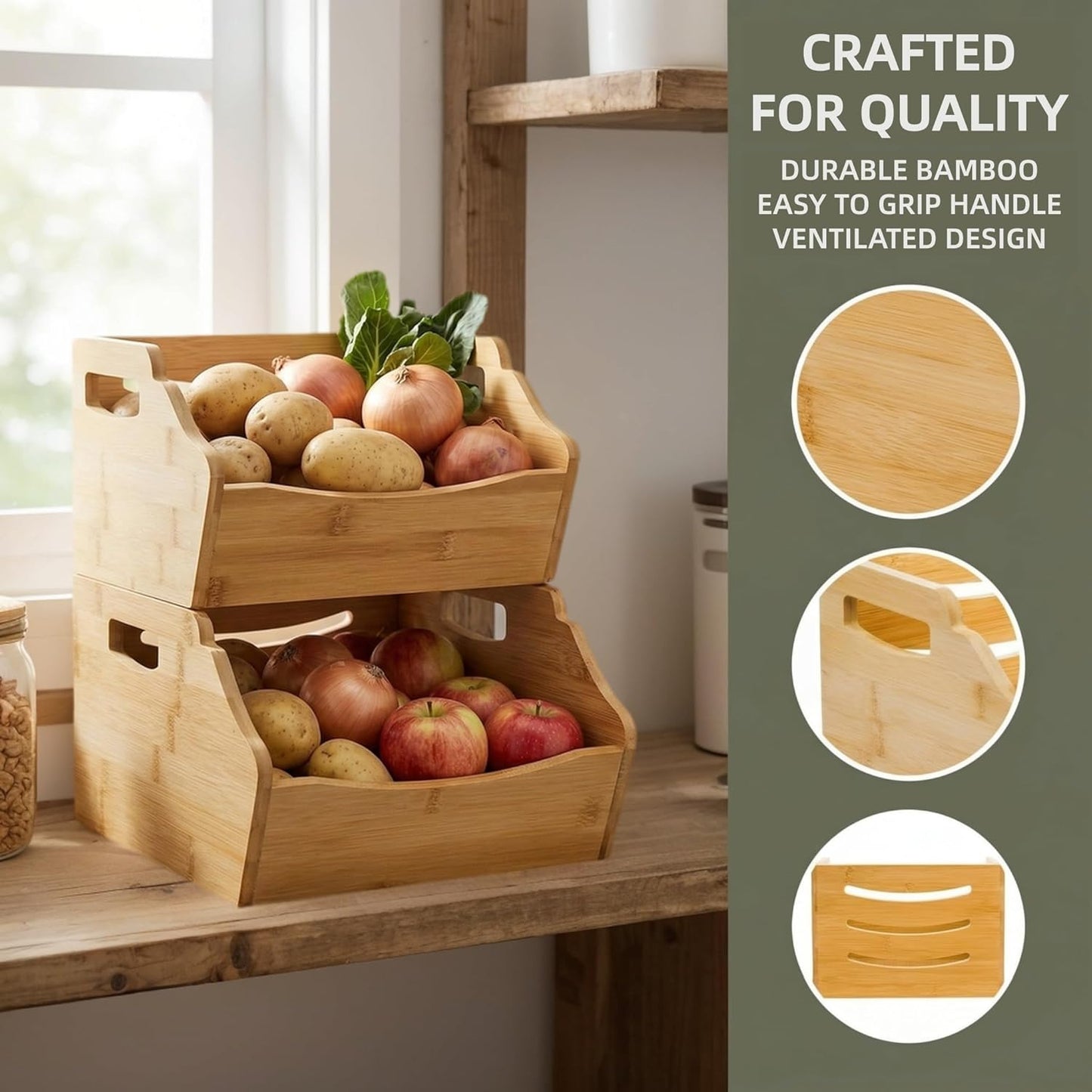 2 Pack Bamboo Stackable Storage Bin, Countertop Open Front Stacking Bins