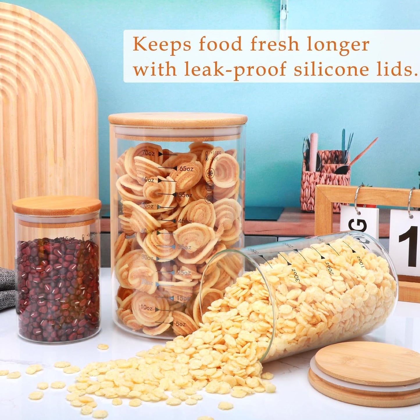 Glass Storage Containers with Lids,Glass Jars with Bamboo Lids, Canisters Set for Pasta, Nuts