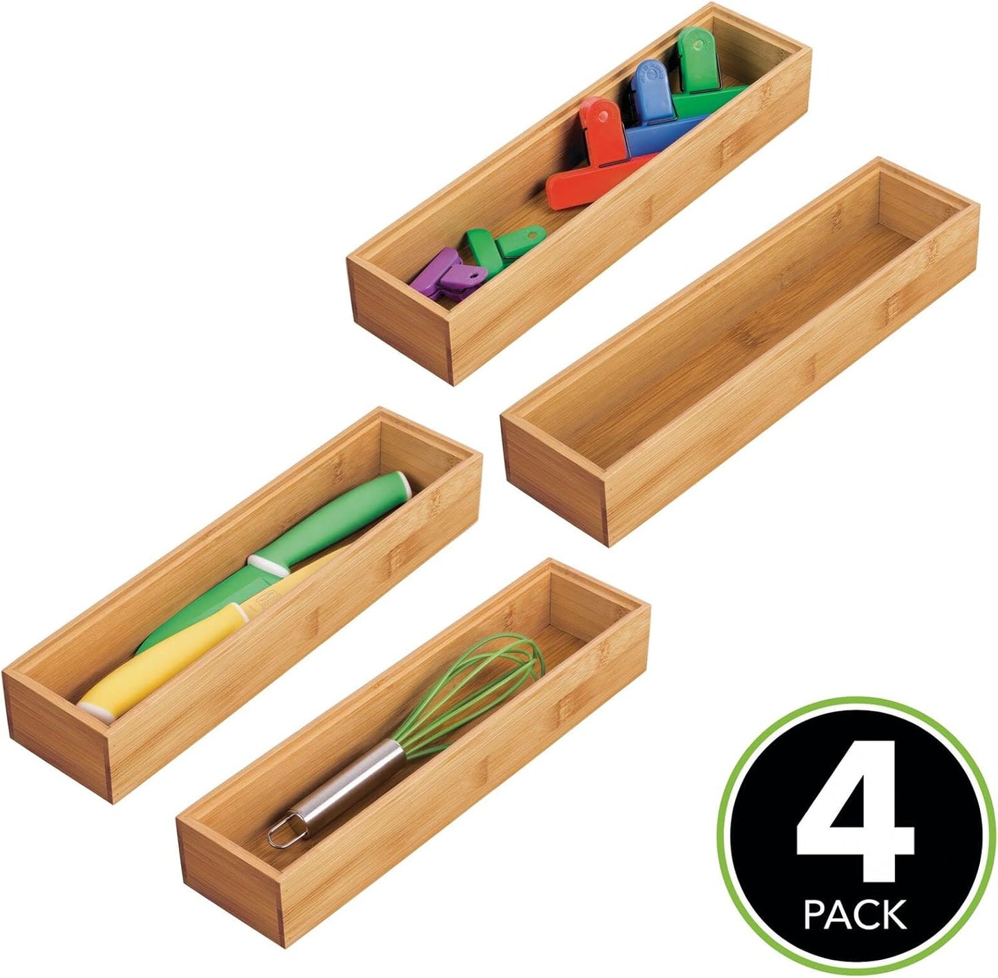 Drawer Organiser – Rectangular Bamboo Kitchen Drawer Divider – Stackable Drawer Separator for Cutlery and Kitchen Utensils – Set of 4 – Natural