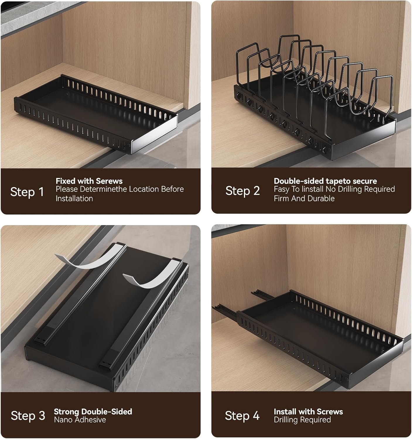 2PCS Black Pot Lid Organizer, Pull-out Pots and Pans Organizer