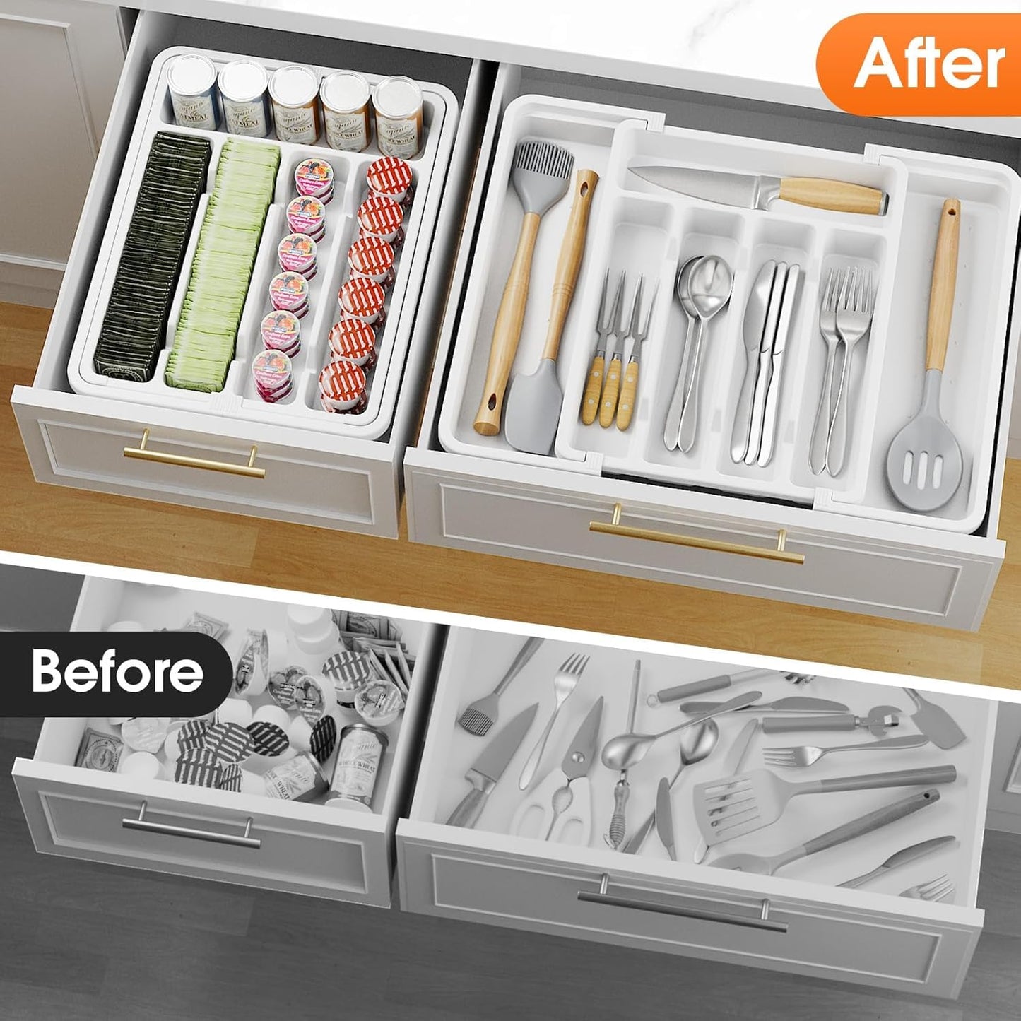 Silverware Organizer，Adjustable & Expandable Utensil Drawer Organizer, BPA Free Utensil Holder
