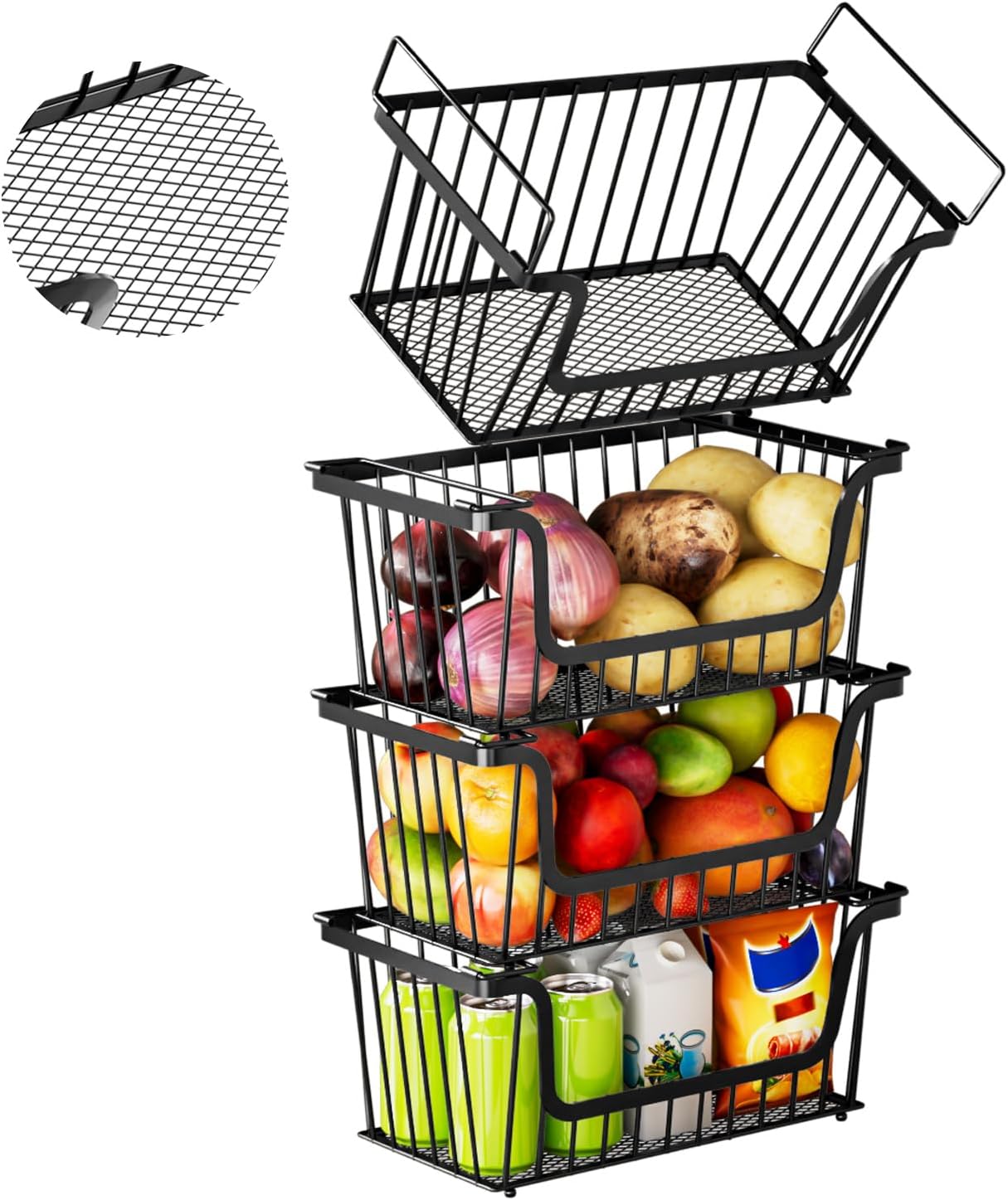 4 Pack Enhanced Leak-Proof Bottom Stackable Wire Baskets, Pantry Organizers and Storage
