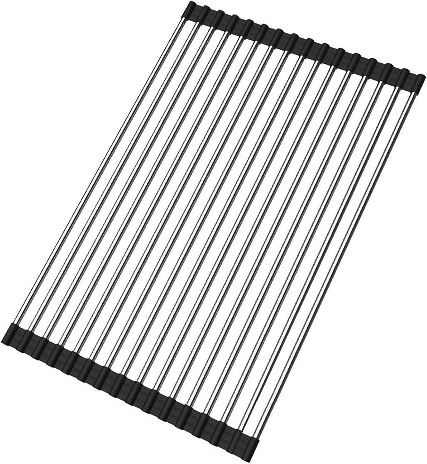 Roll up Dish Drying Rack Over The Sink Kitchen Roll up Sink Drying Rack Stainless Still Portable Drainer Foldable Dish Rack (Black, 17.8''X11.8'')