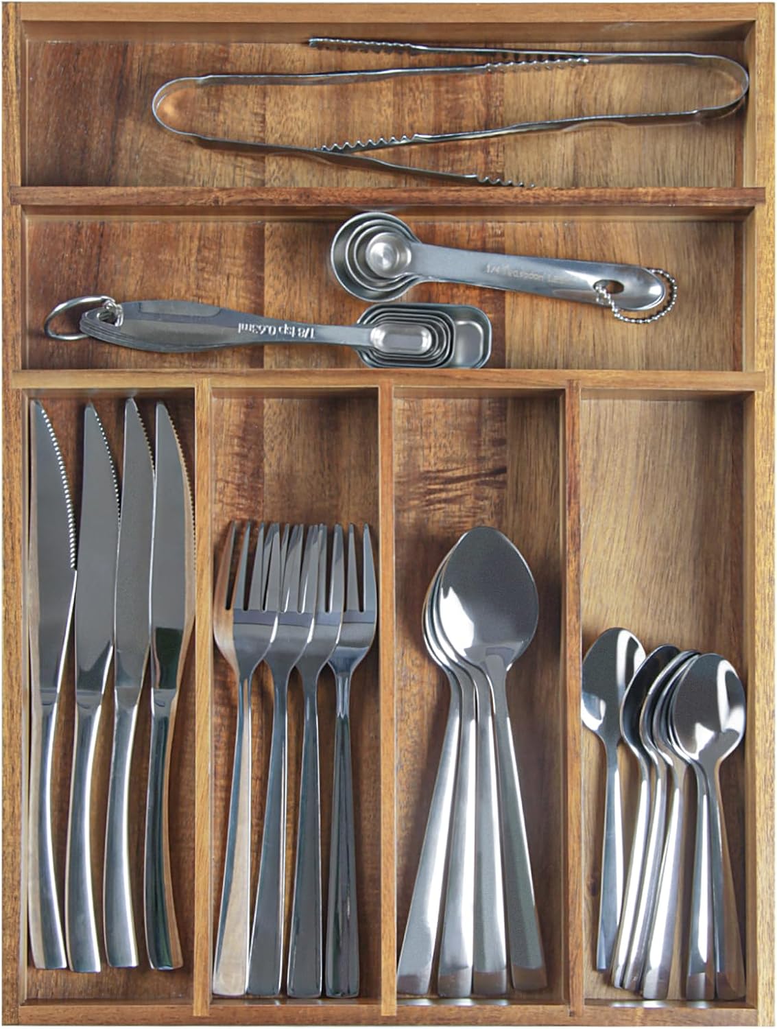Acacia Wood Silverware Organizer, Kitchen Utensil Drawer Organizer for Forks, Knives & Spoons