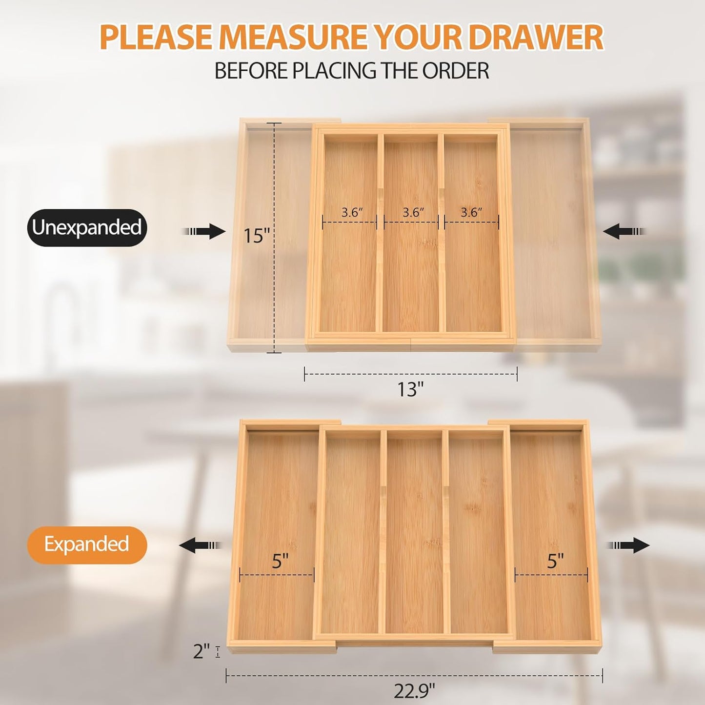 Bamboo Expandable Kitchen Drawer Organizer, 13" to 23" Adjustable Utensils and Cutlery Tray