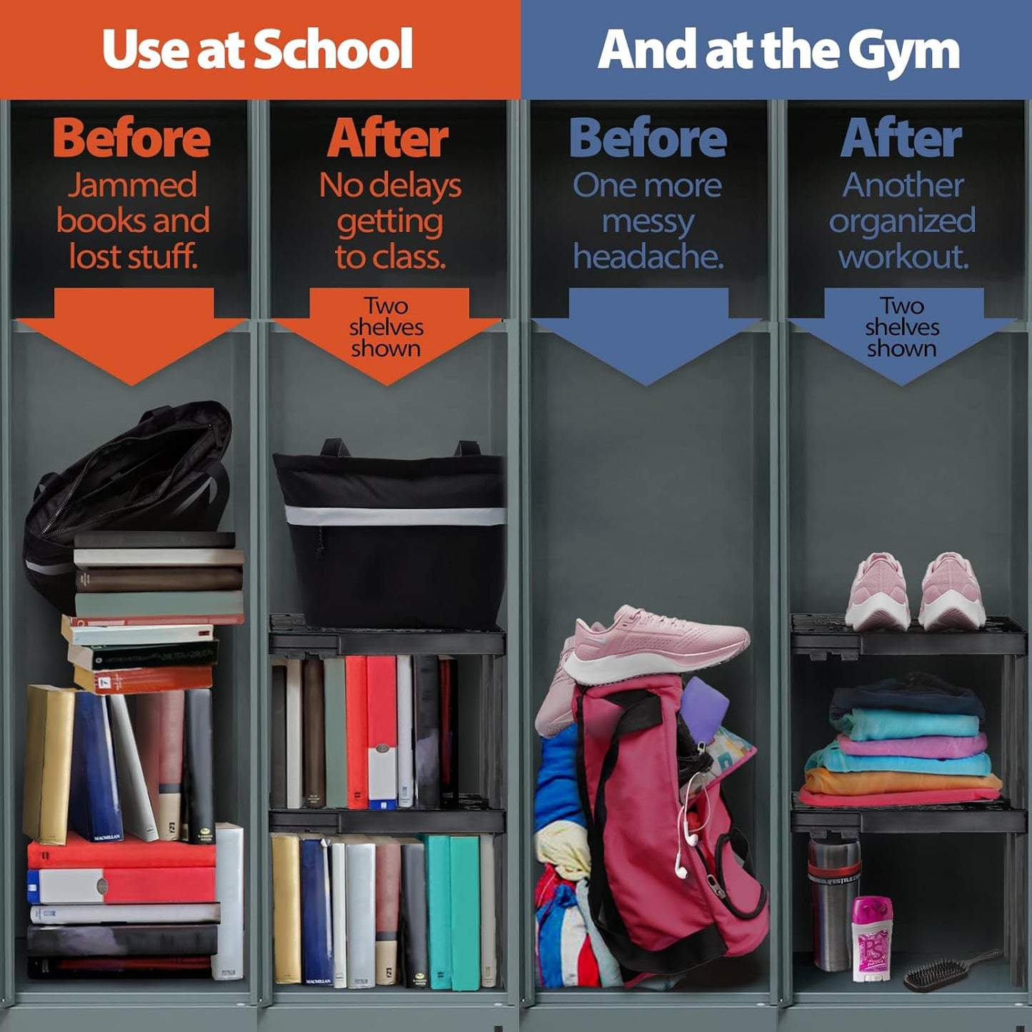 Locker Organizer Shelf， Adjustable Width and Height, Stackable, Ideal Locker Shelf for School