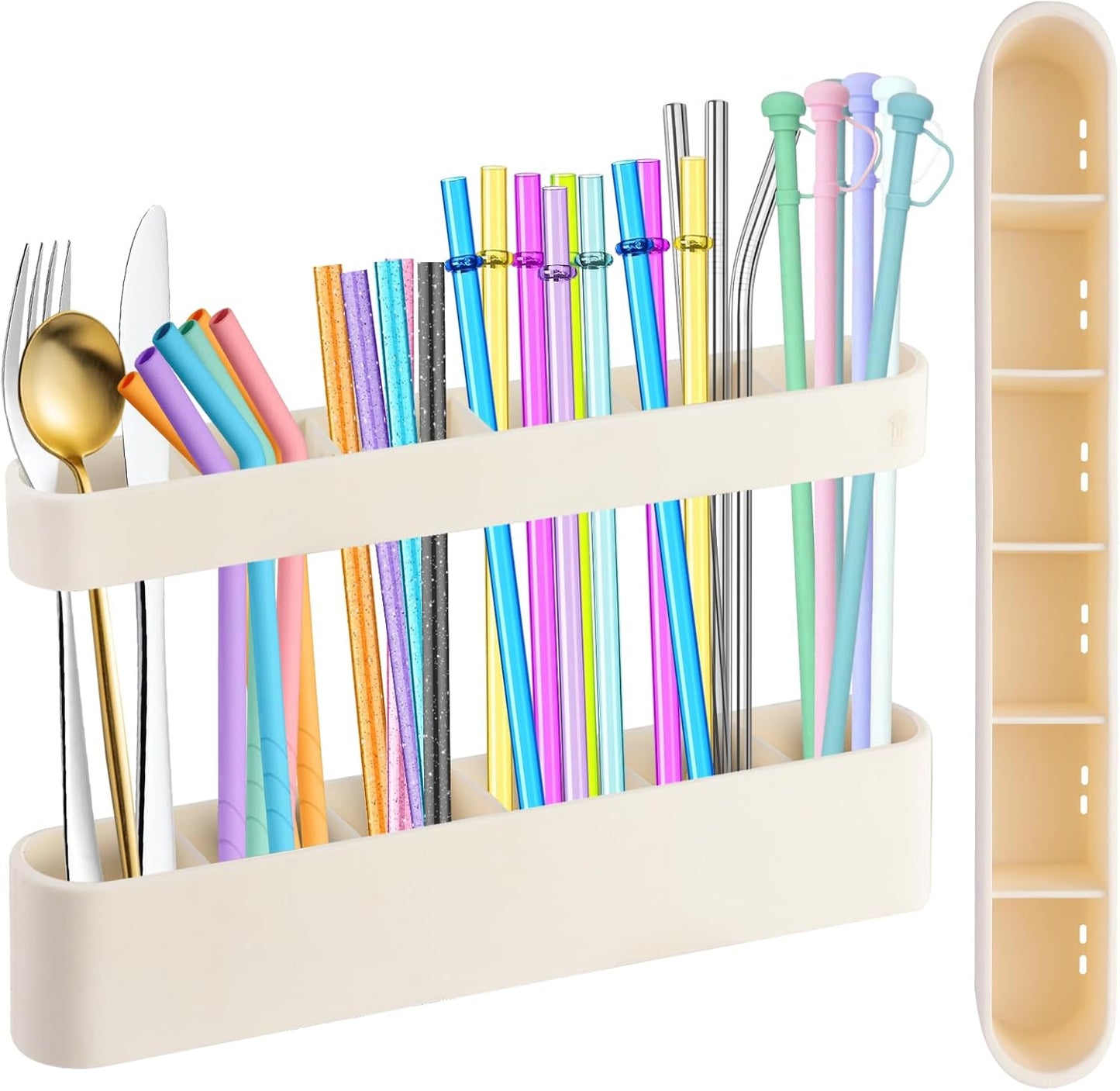 9.6'' Large Straw Holder for Cabinet Door, Soft Silicone Straw Organizer Storage Container