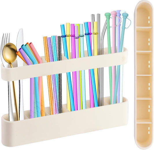 9.6'' Large Straw Holder for Cabinet Door, Soft Silicone Straw Organizer Storage Container