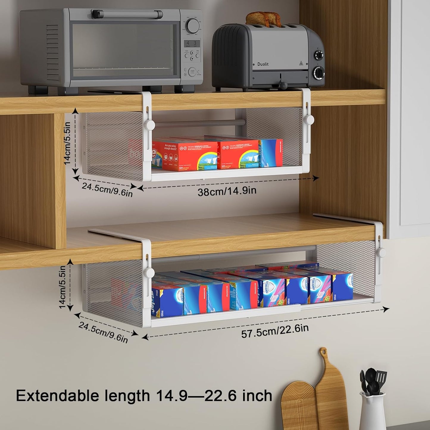 2Pack Under Shelf Basket, Adjustable Hanging Under Cabinet Shelf Storage