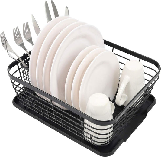 Kitchen Dish Drainer Rack with Drying Board and Full-Mesh Silverware Utensils Holder, Black