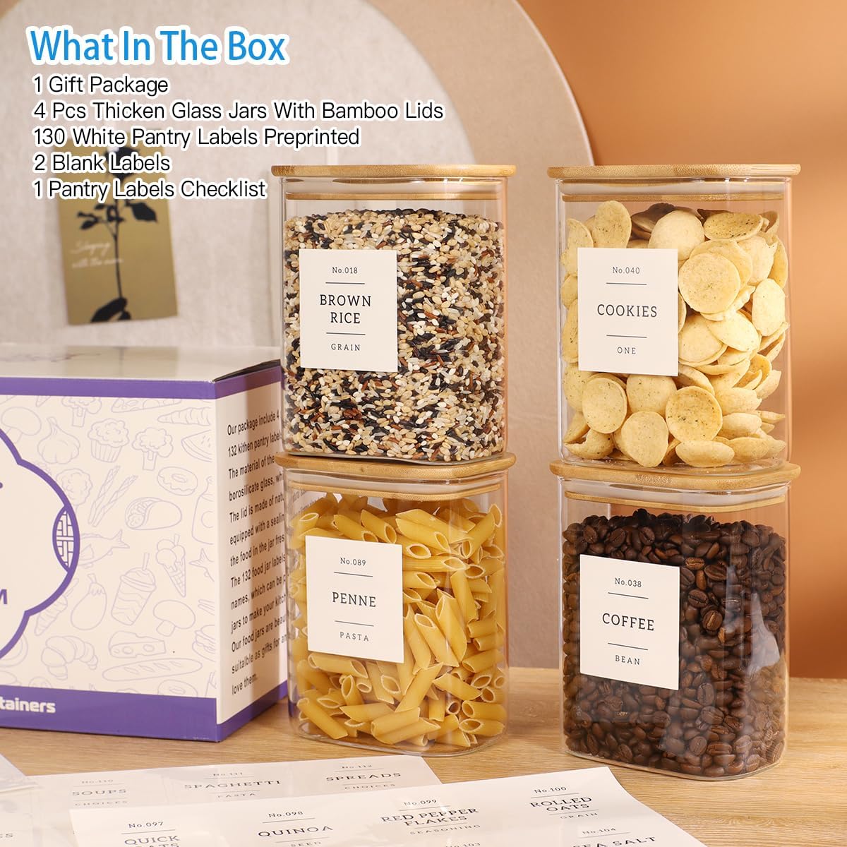 4 Pack Square Glass Pantry Storage Containers with 132 Kitchen Food Pantry Labels