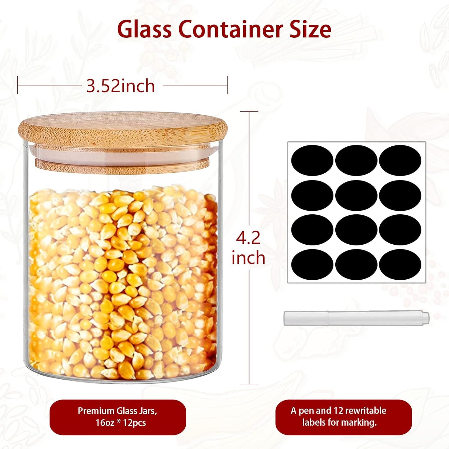 Glass Jars with Bamboo Lids 16 oz, 12pcs Glass Food Storage Jars with Rewritable Labels