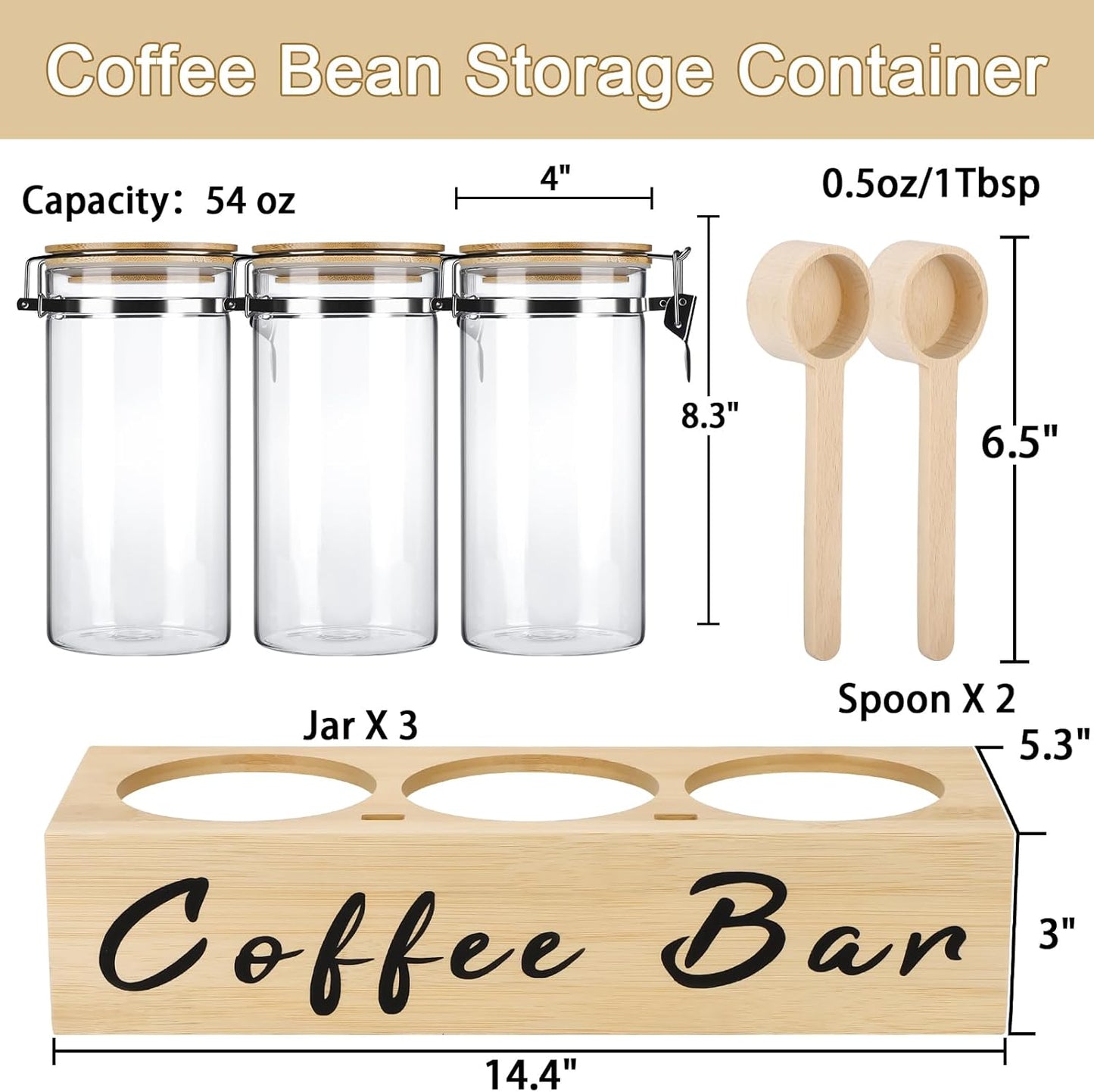 3 x 54 oz Glass Coffee Bean Storage Container with Shelf 3PCS Glass Containers with Airtight Locking Clamp Lid Spoons Coffee Canister Set Jars for Kitchen Food Storage Tea Sugar Wood
