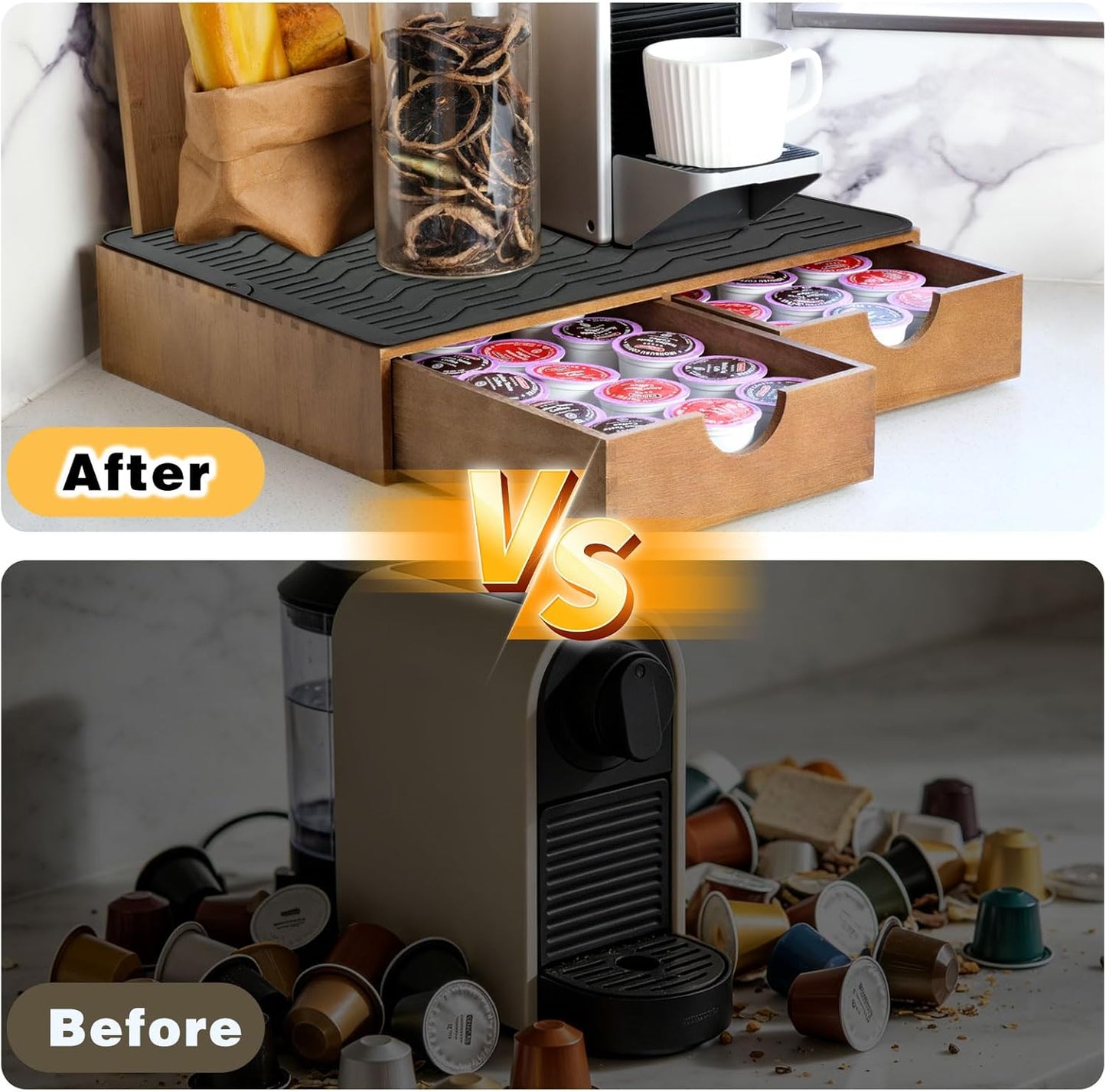 Wooden Coffee Pod Holder Drawer With Silicone Non-Slip Pad,K Cup Organizer Storage Box,Kcup Drawer and Tea Organizer Under Brewer,30 Pod Capacity,Countertop Coffee Station Organizer for Machine Stand