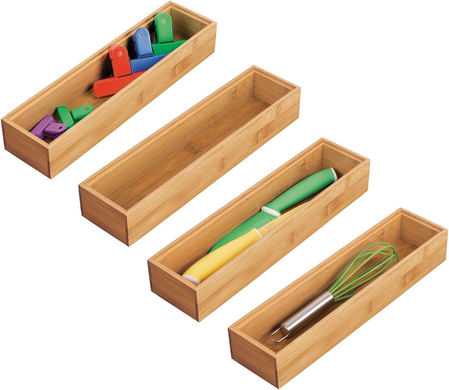 Drawer Organiser – Rectangular Bamboo Kitchen Drawer Divider – Stackable Drawer Separator for Cutlery and Kitchen Utensils – Set of 4 – Natural