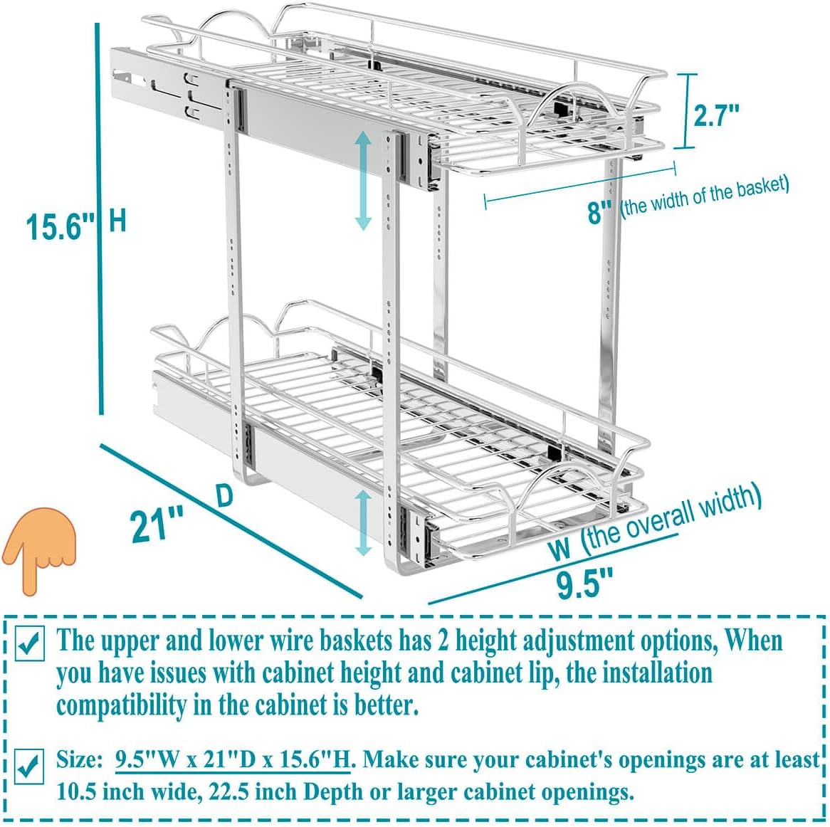 2 Tier Pull Out Cabinet Organizer (9.5" W x 21" D), Pull Out Drawers for Kitchen Cabinets
