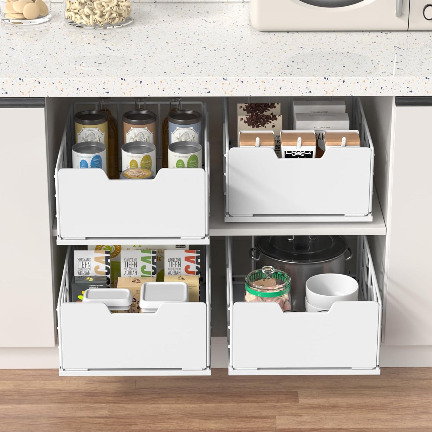 Pull Out Cabinet Organizer, Pantry Slide Out Drawer Organizer with Adhesive Strips