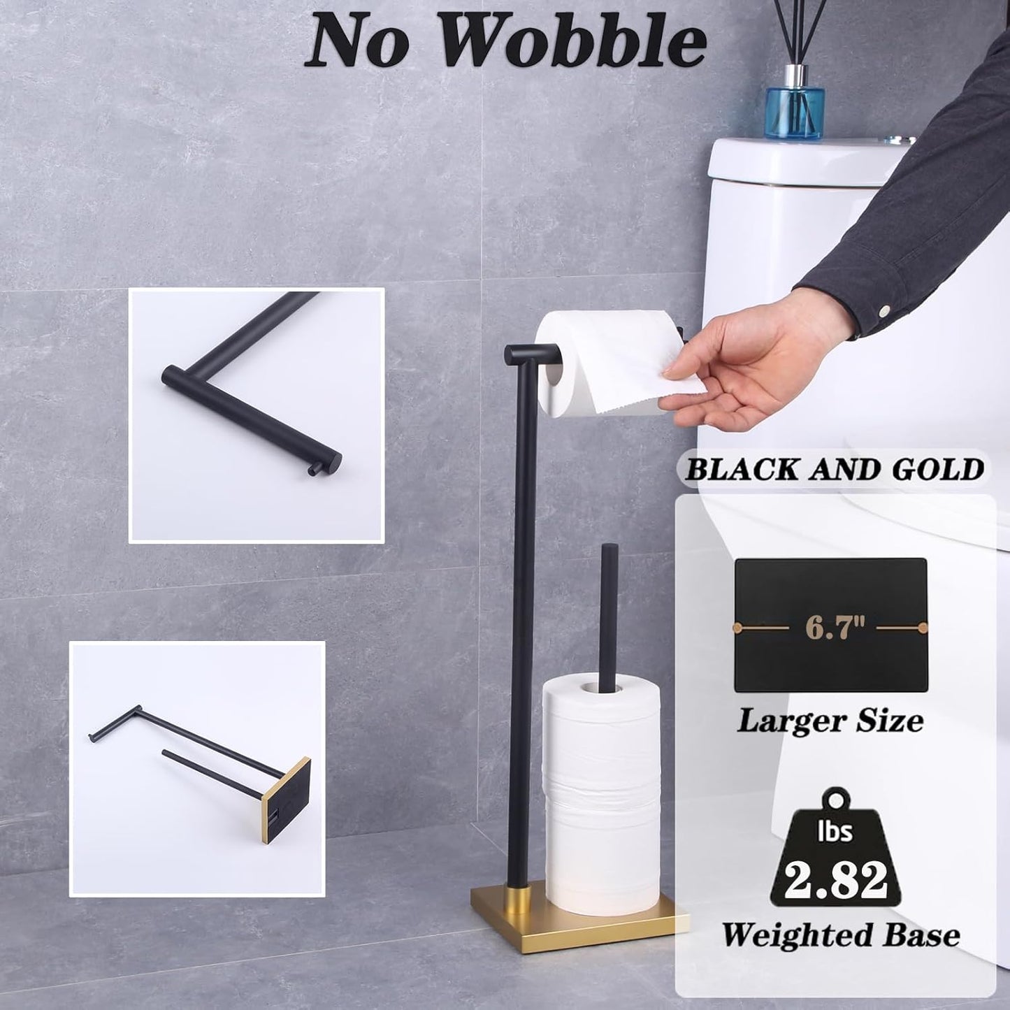 Bathroom Free Standing for Countertop Toilet Paper Holder SUS 304 Stainless Steel Stand Modern Paper Towel Holder (Black & Gold) DZY003-BD