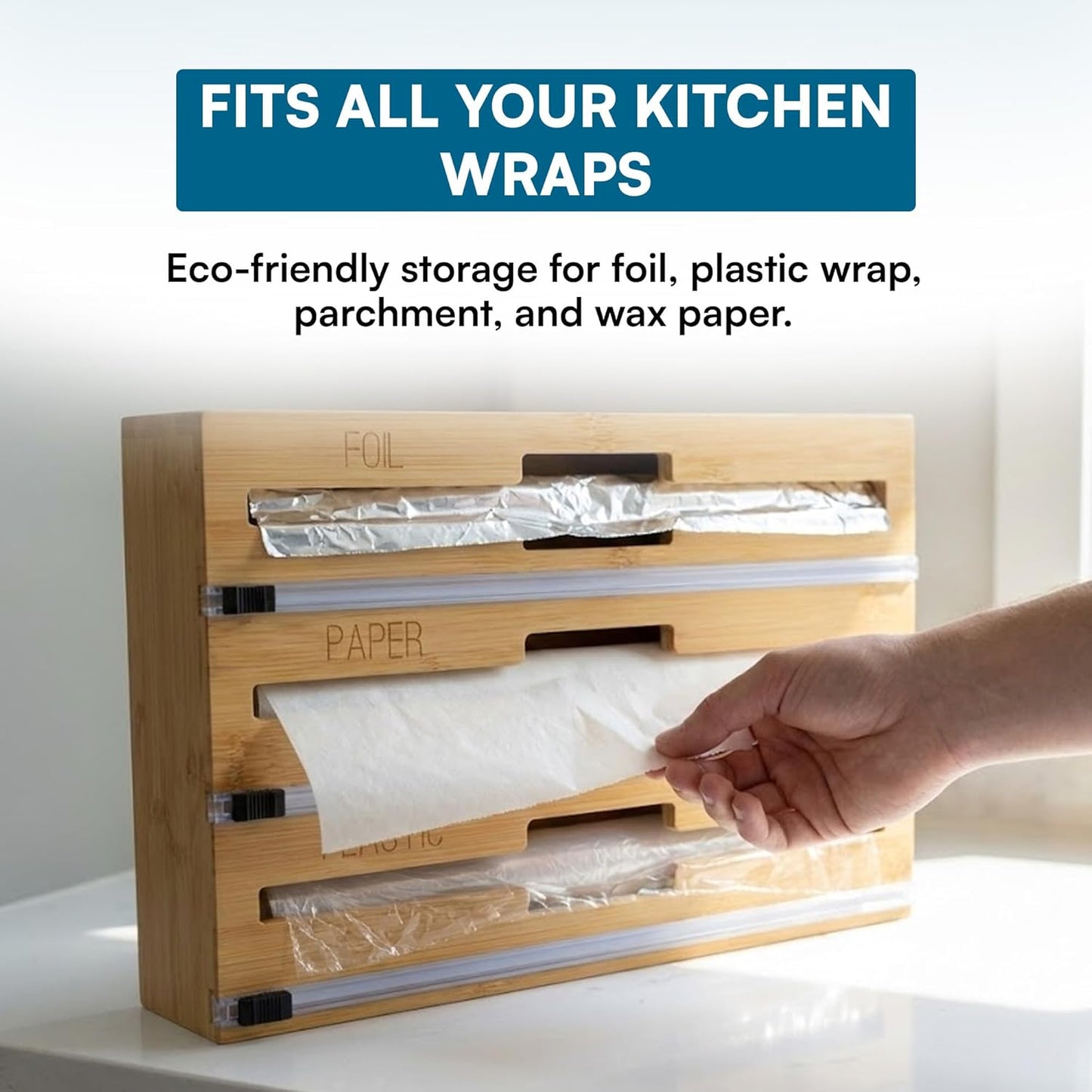Honey Can Do 3-In-1 Bamboo Food Wrap Organizer With Safety Cutter | Plastic, Wax