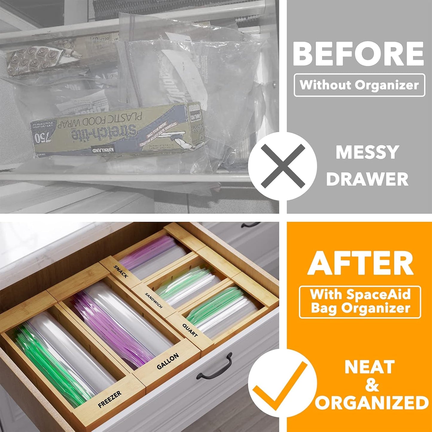 Bag Storage Organizer for Kitchen Drawer, Bamboo Organizer, Compatible with Gallon, Quart