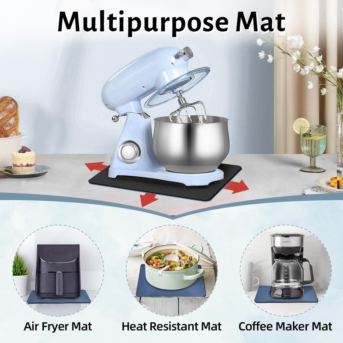 LOPNUR 14"x10" Small Appliance Slider, Appliance Sliders for Kitchen Appliances, 360° Rotating Sliding Tray for Coffee Maker, Heat Resistant Mat Cut to Fit Stand Mixer Air Fryer Microwave, Blue