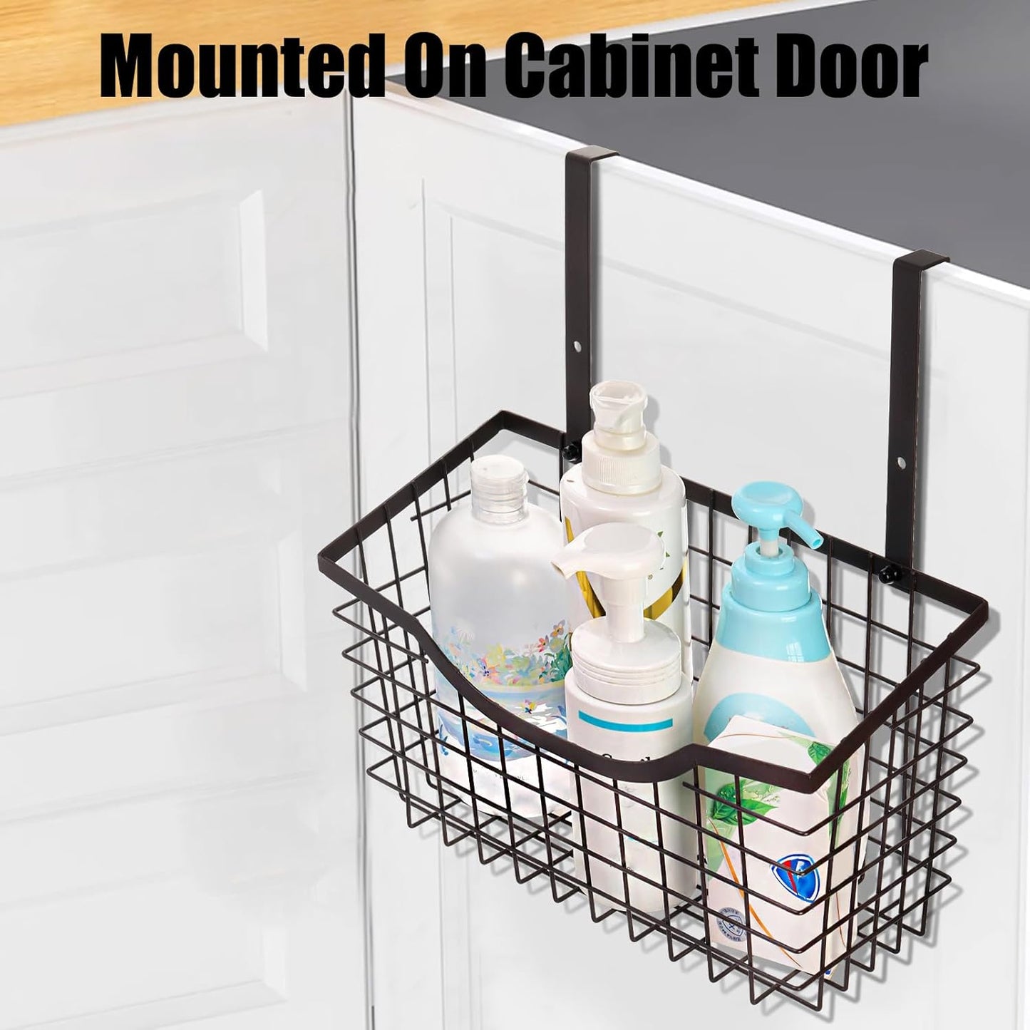 2 Pack Cabinet & Wall Mount Basket, Large Metal Wire Basket Wall Mount Hanging Basket Over Cabinet Door Organizer Bin Grid Storage Baskets for Home Kitchen Bathroom Pantry, Bronze