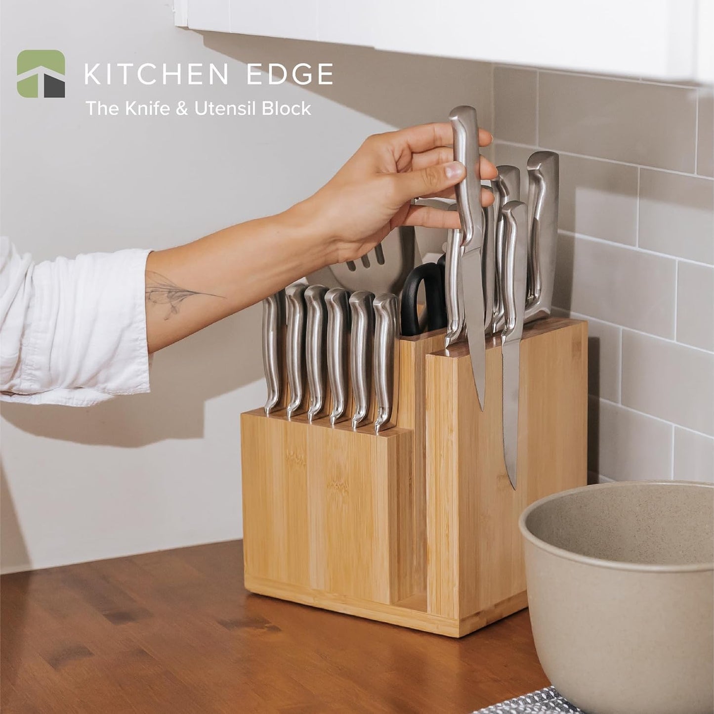 Bamboo Magnetic Knife Block and Cooking Utensil Holder, Sleek Storage for Chefs Knives