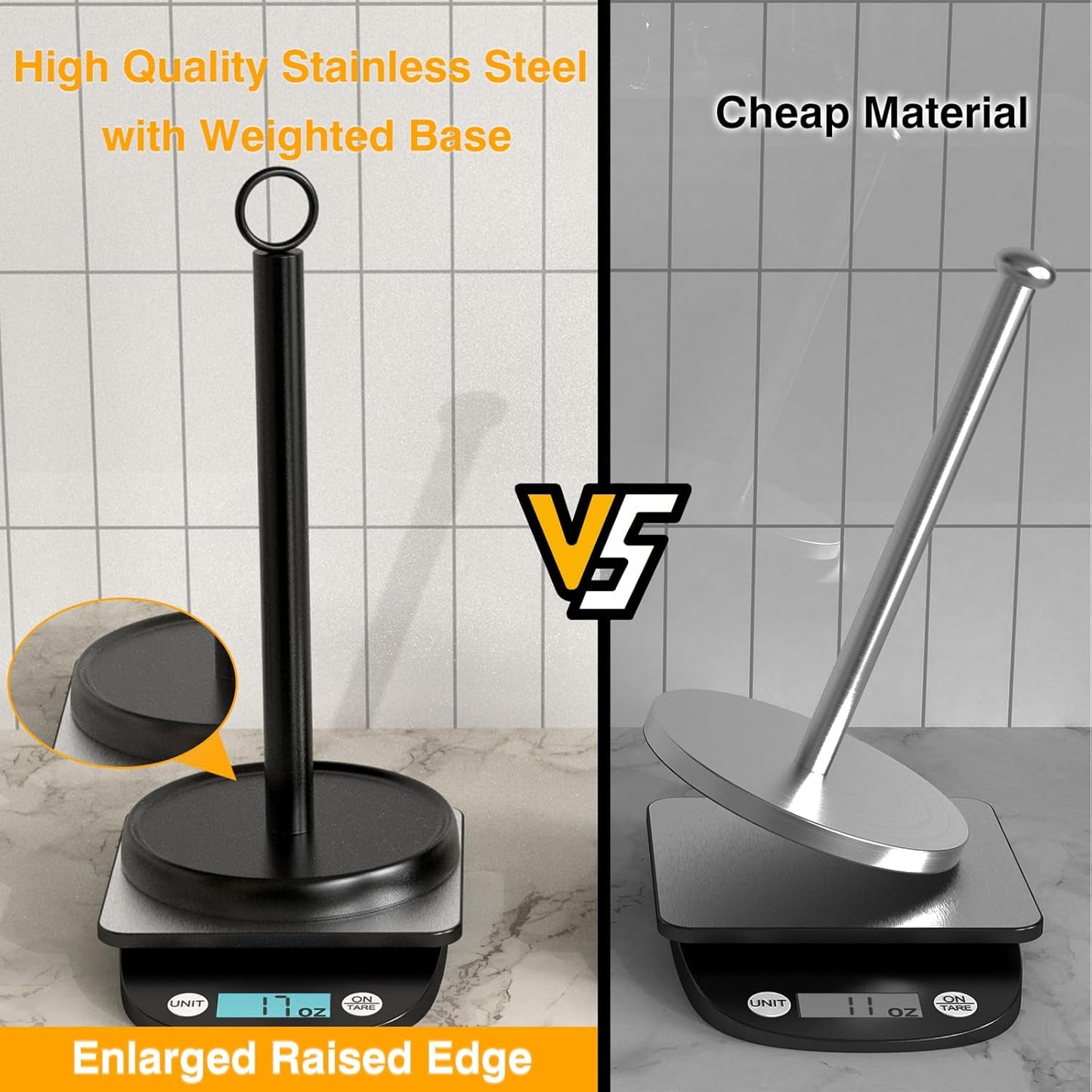Paper Towel Holder Countertop, Stainless Steel, Weighted Base, Anti-Slip