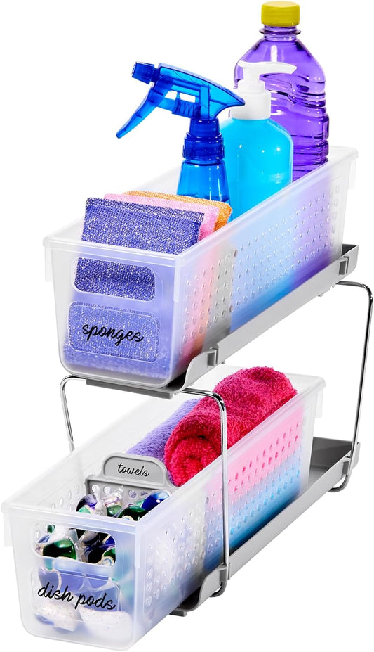 Mini 2-Tier Organizer, Multi-Purpose Slide-Out Storage with Handles and Dividers for Home and Bath