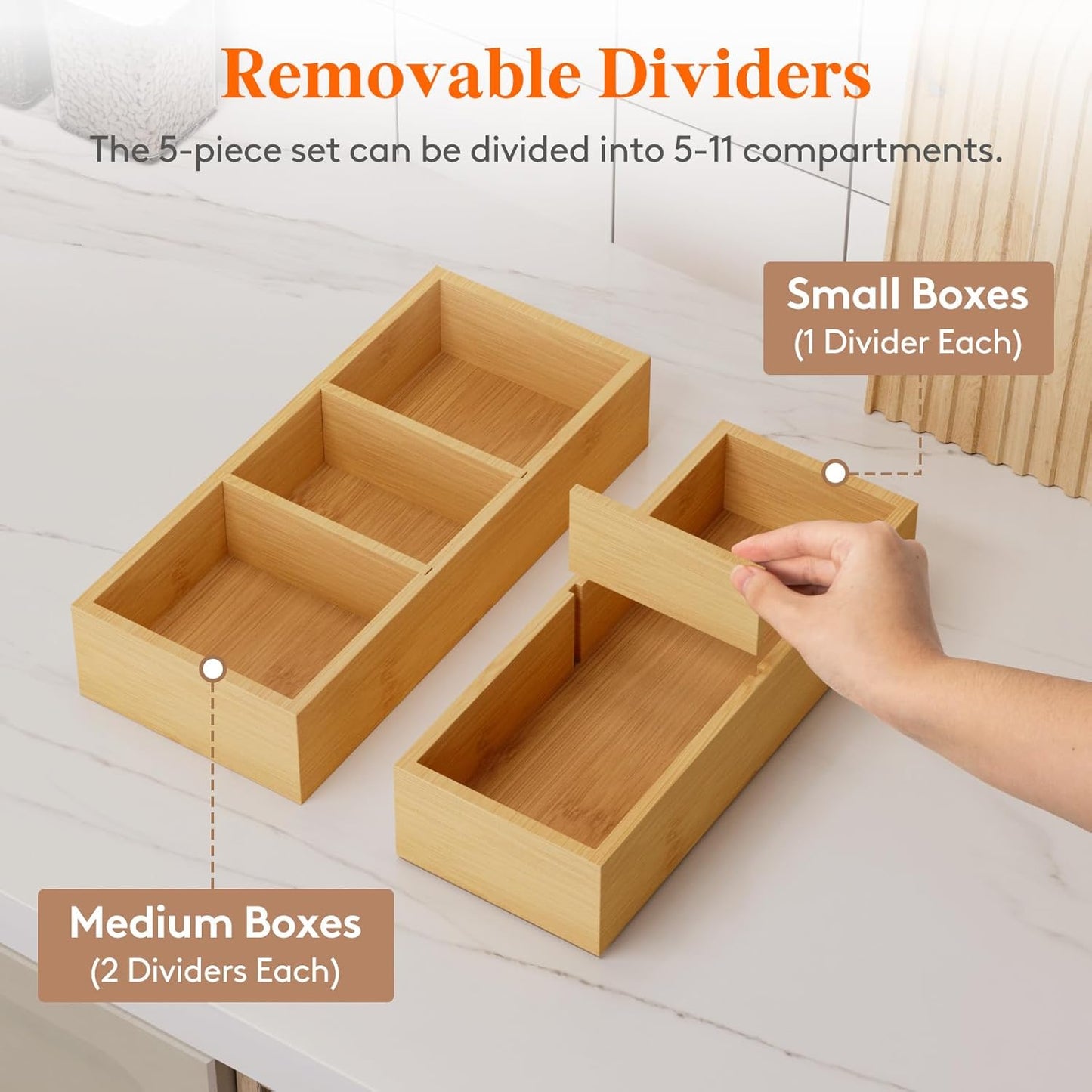 Drawer Organizers 5 Pack(11 Grid) with 6 Inserts, Adjustable Bamboo Wooden Drawer Dividers