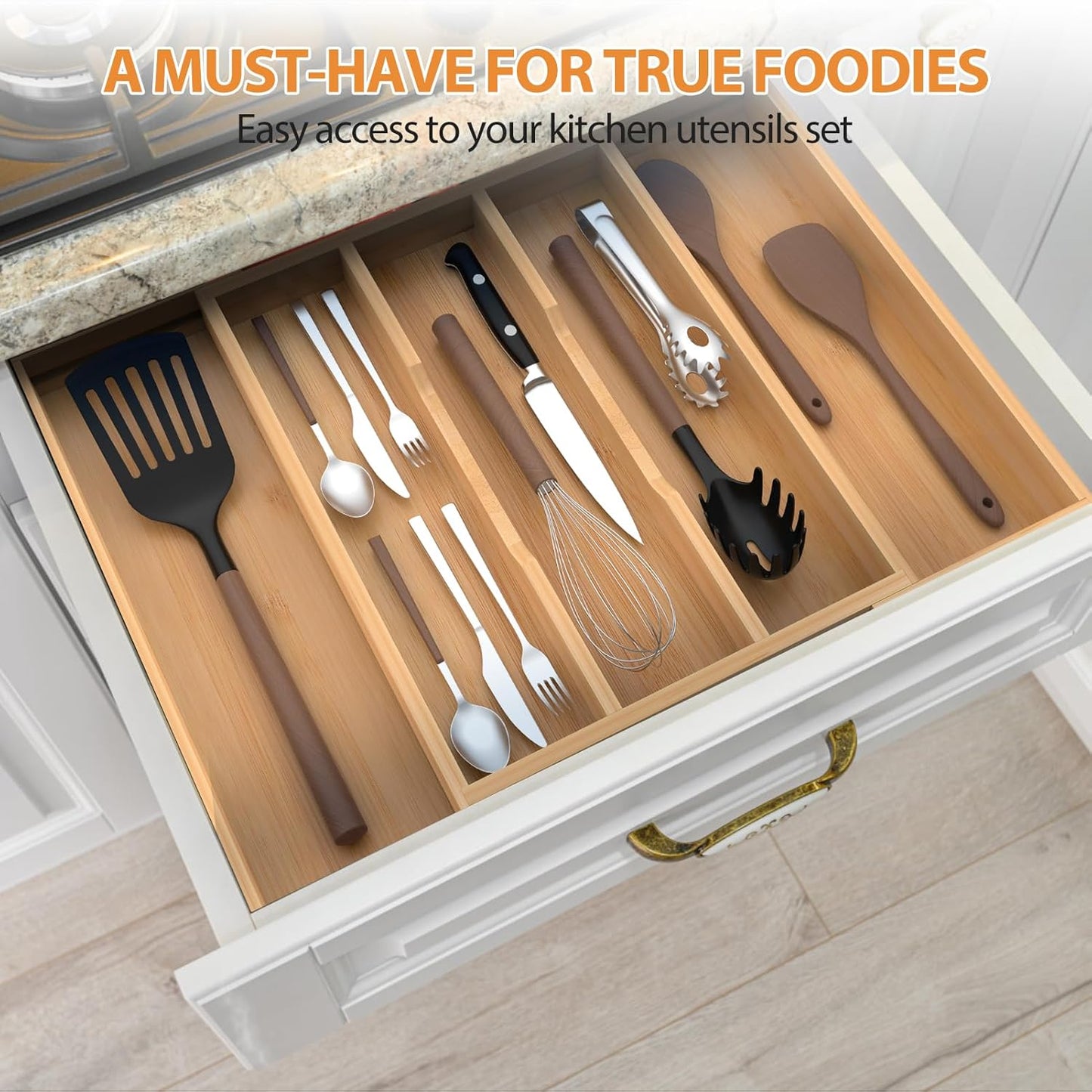 Bamboo Expandable Kitchen Drawer Organizer, 13" to 23" Adjustable Utensils and Cutlery Tray