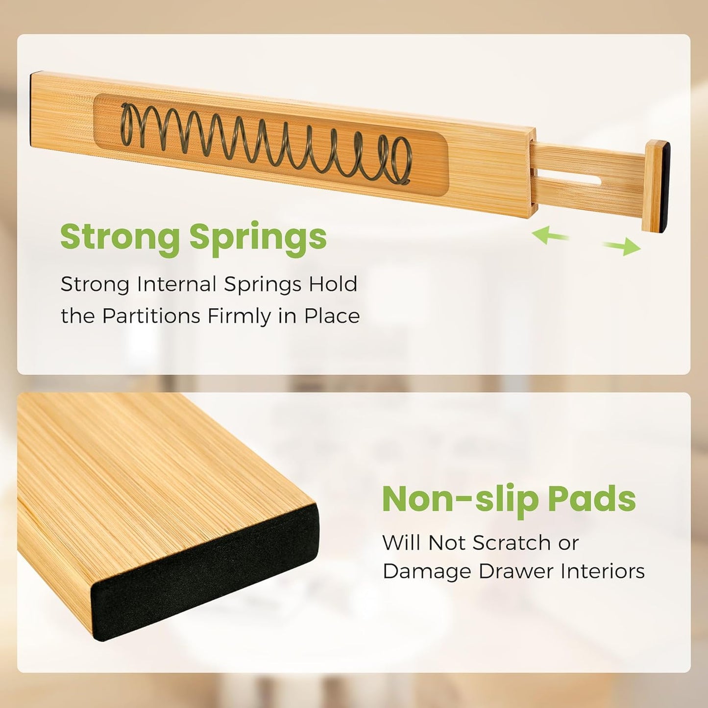 Drawer Divider, Adjustable Bamboo Kitchen Drawer Organizer, Spring Loaded Drawer Organizer