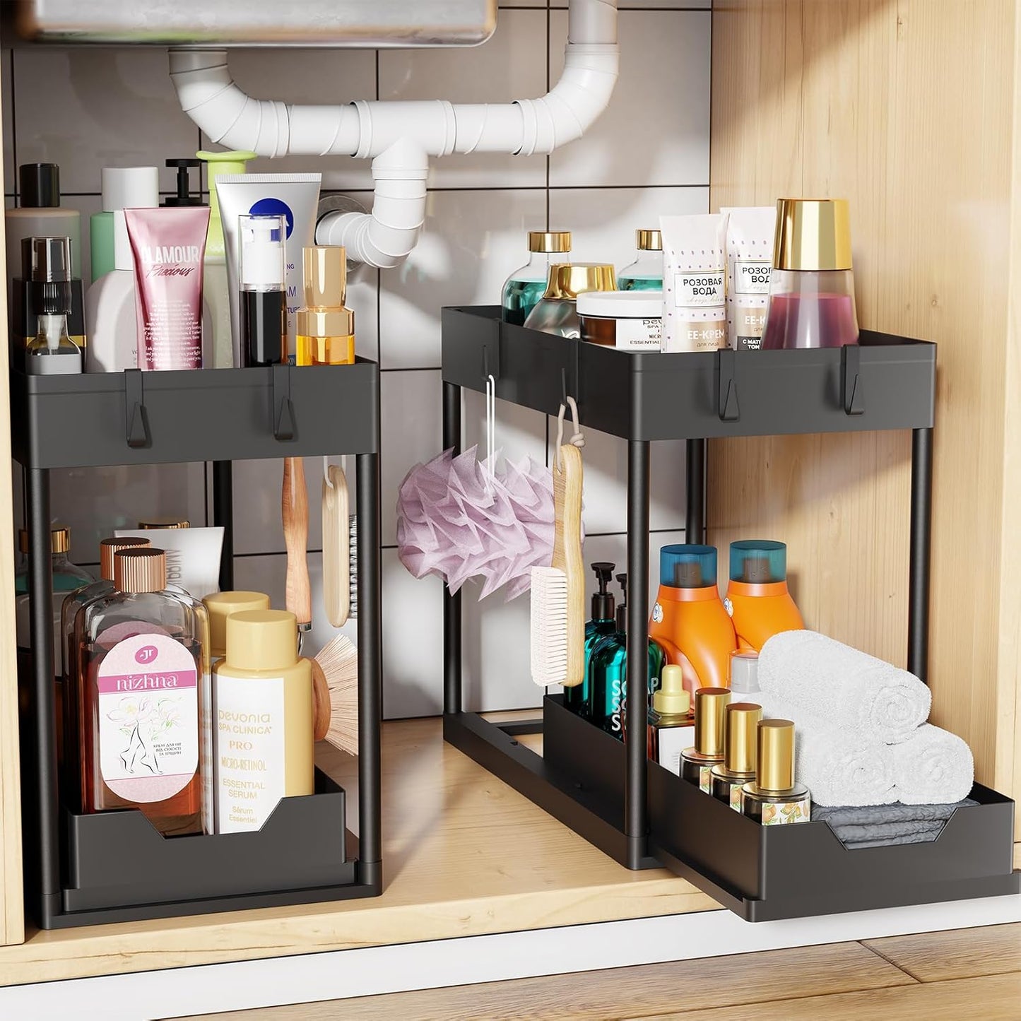 Under Sink Organizer 2 Pack, Sink Pull-Out Sliding Storage Cabinet