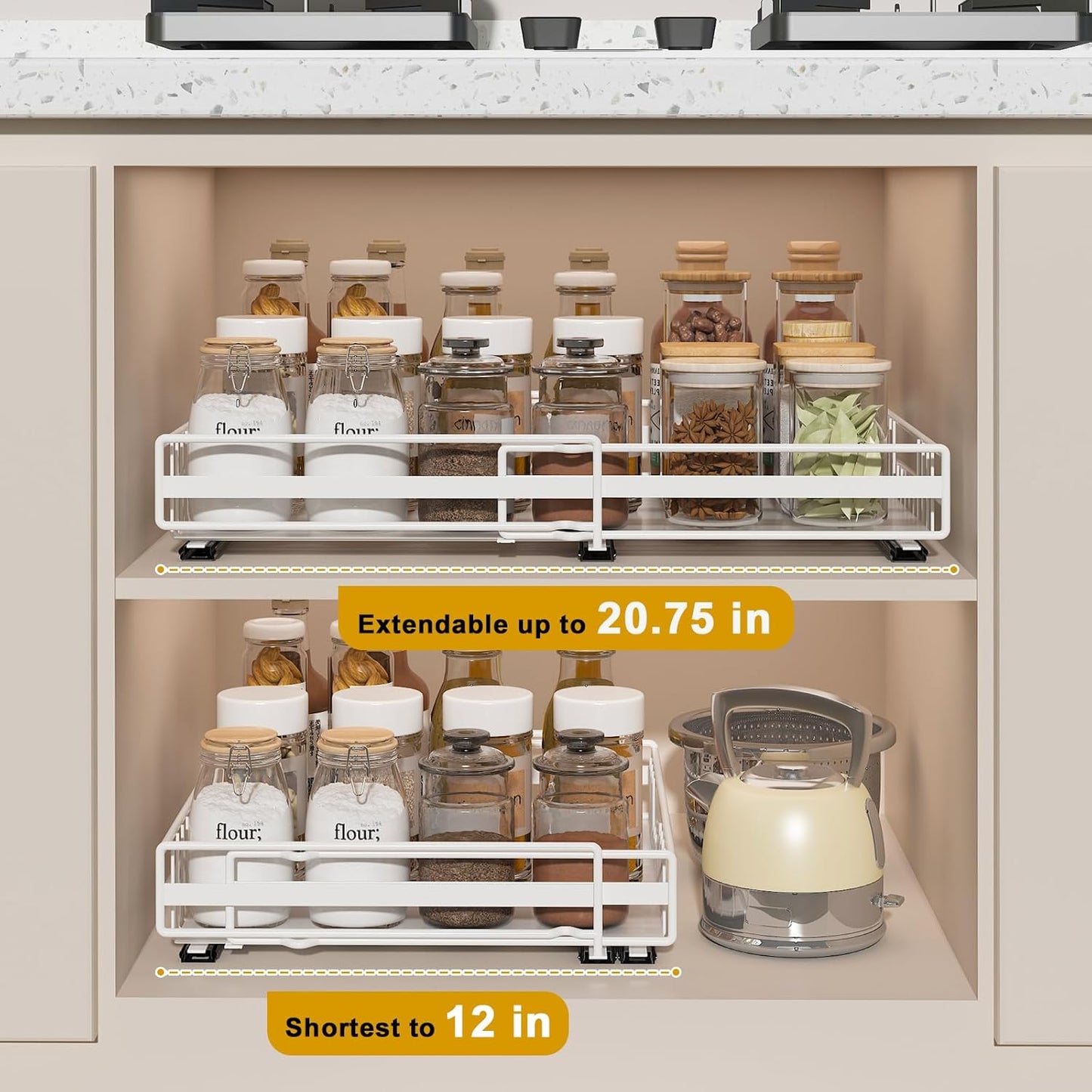 2 Pack Pull Out Cabinet Organizer, Expandable(12"-20") Slide Out Drawers 3 Slide Rails Fix with Adhesive or Screw, Roll Out Shelves for Kitchen Cabinet Organization, White