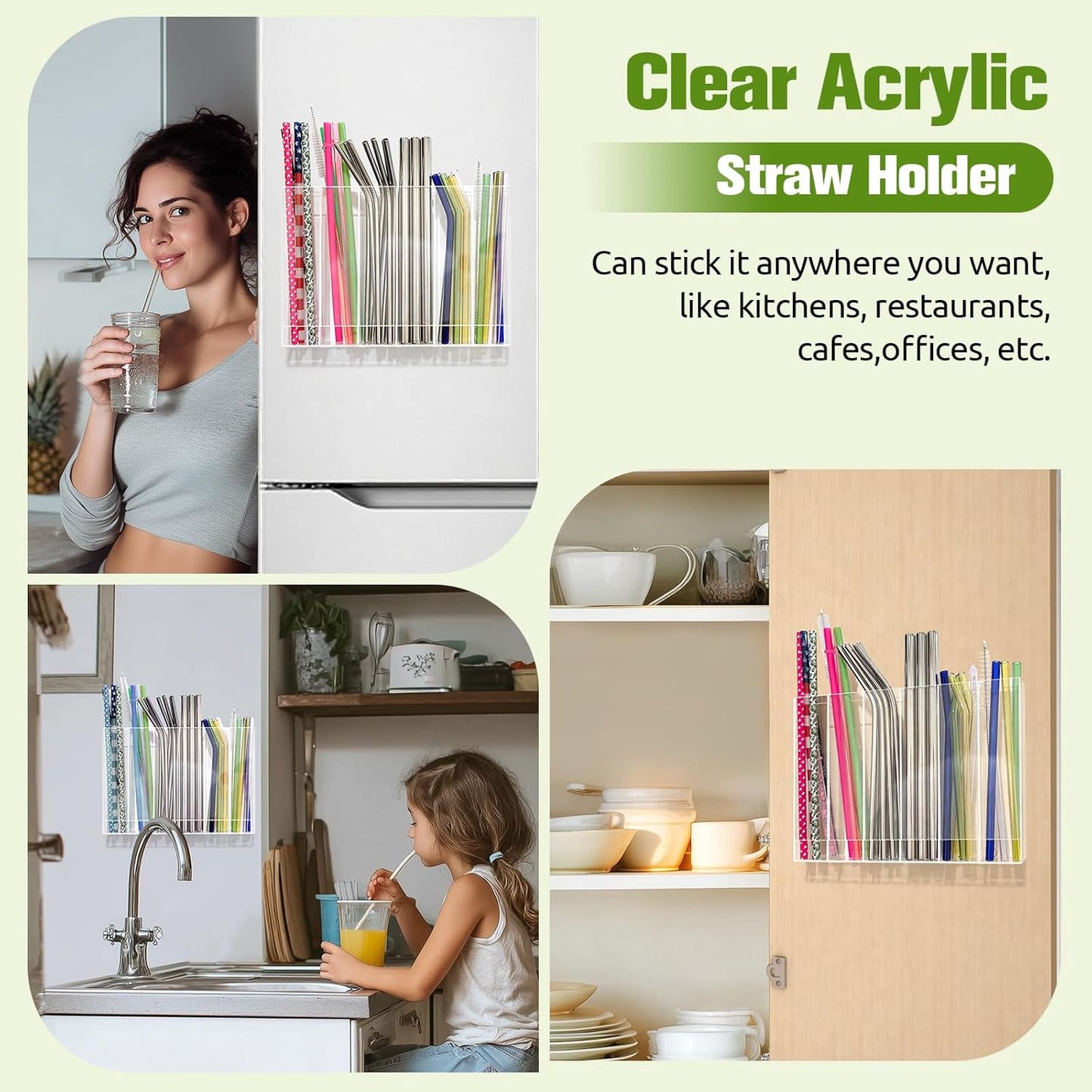 9.6” Large Acrylic Straw Holder for Cabinet Door - 6 compartments, easy to clean