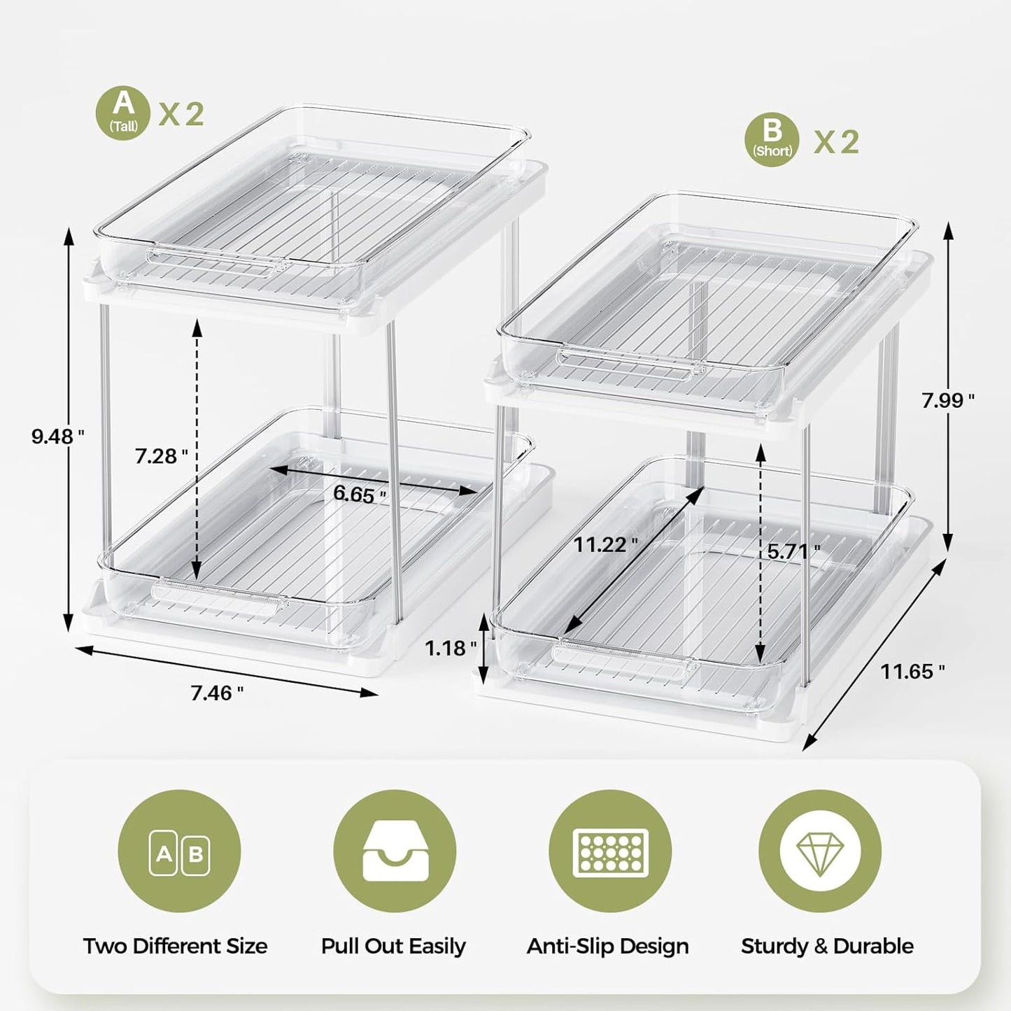 2-Tier Bathroom Under Sink Organizers and Storage, Pull Out Cabinet Drawers with Anti-Slip Design