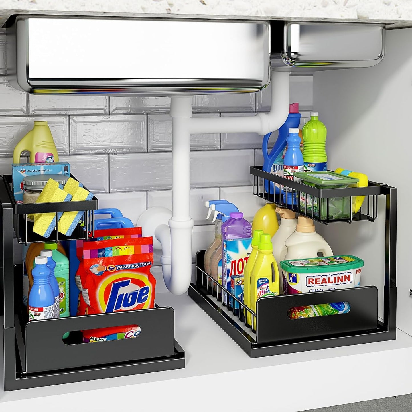 Under Sink Organizer, L-Shaped 2 Tier Pull Out Cabinet Organizer for Kitchen and Bathroom