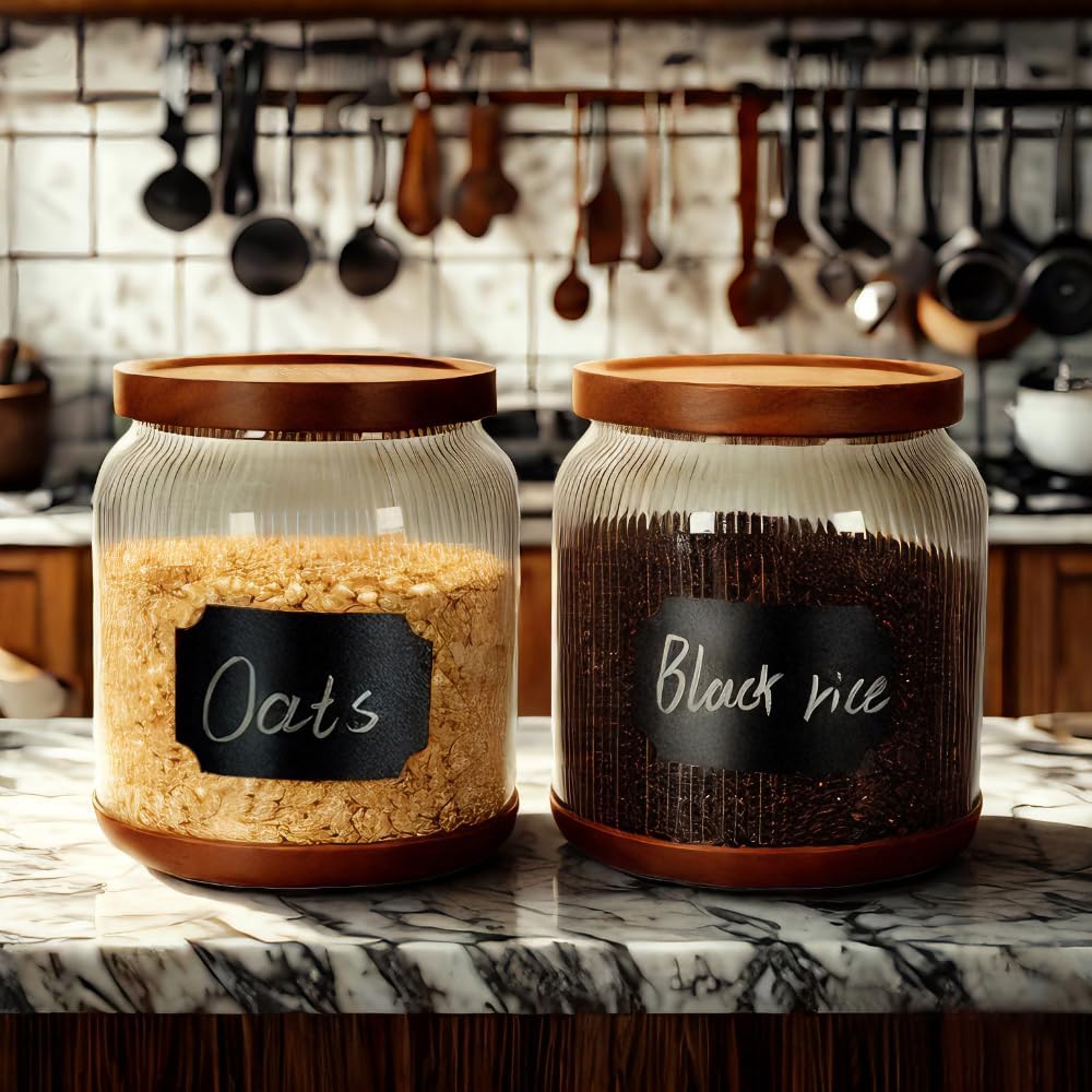 2-Pack Striped Borosilicate Glass Airtight Canisters - Big mouth Large Capacity, Acacia Wood Lid